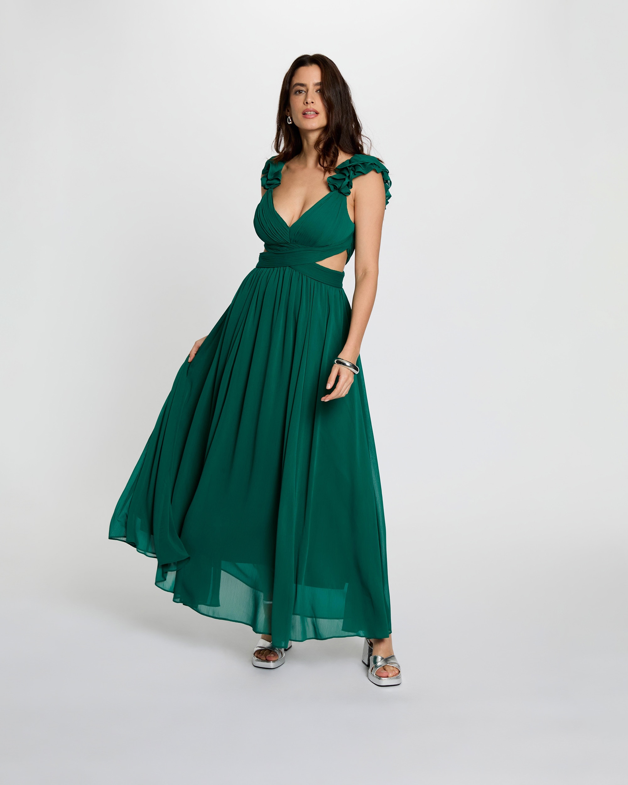 Vestido Comprido com Corte a Direito Folgado Verde-4