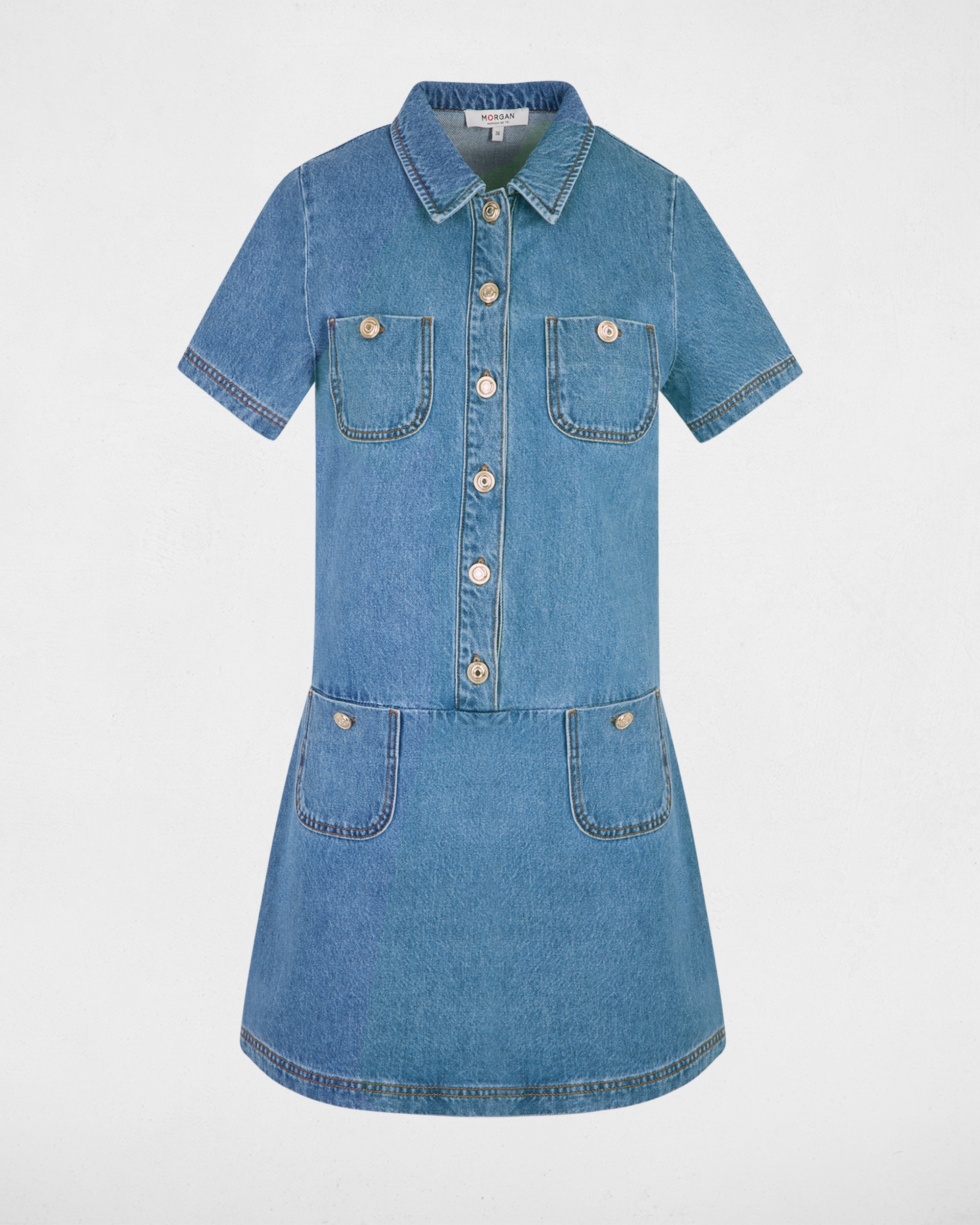 Vestido Curto de Corte a Direito em Tecido Jeans com Manga Curta Azul denim-2