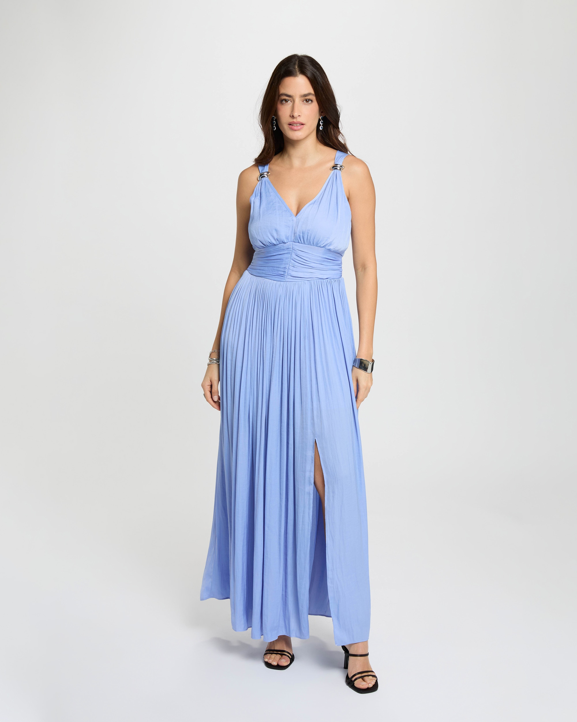 Vestido Comprido com Decote em V Azul-4