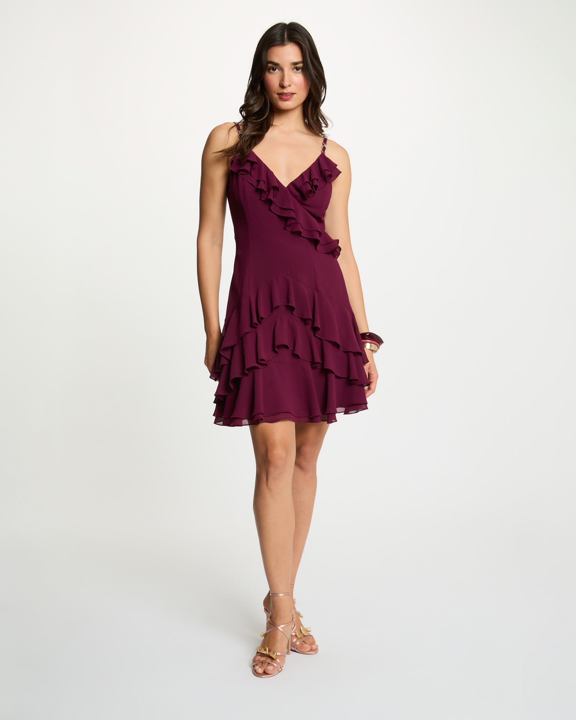 Vestido Curto sem Mangas com Decote em V Bordeaux-4