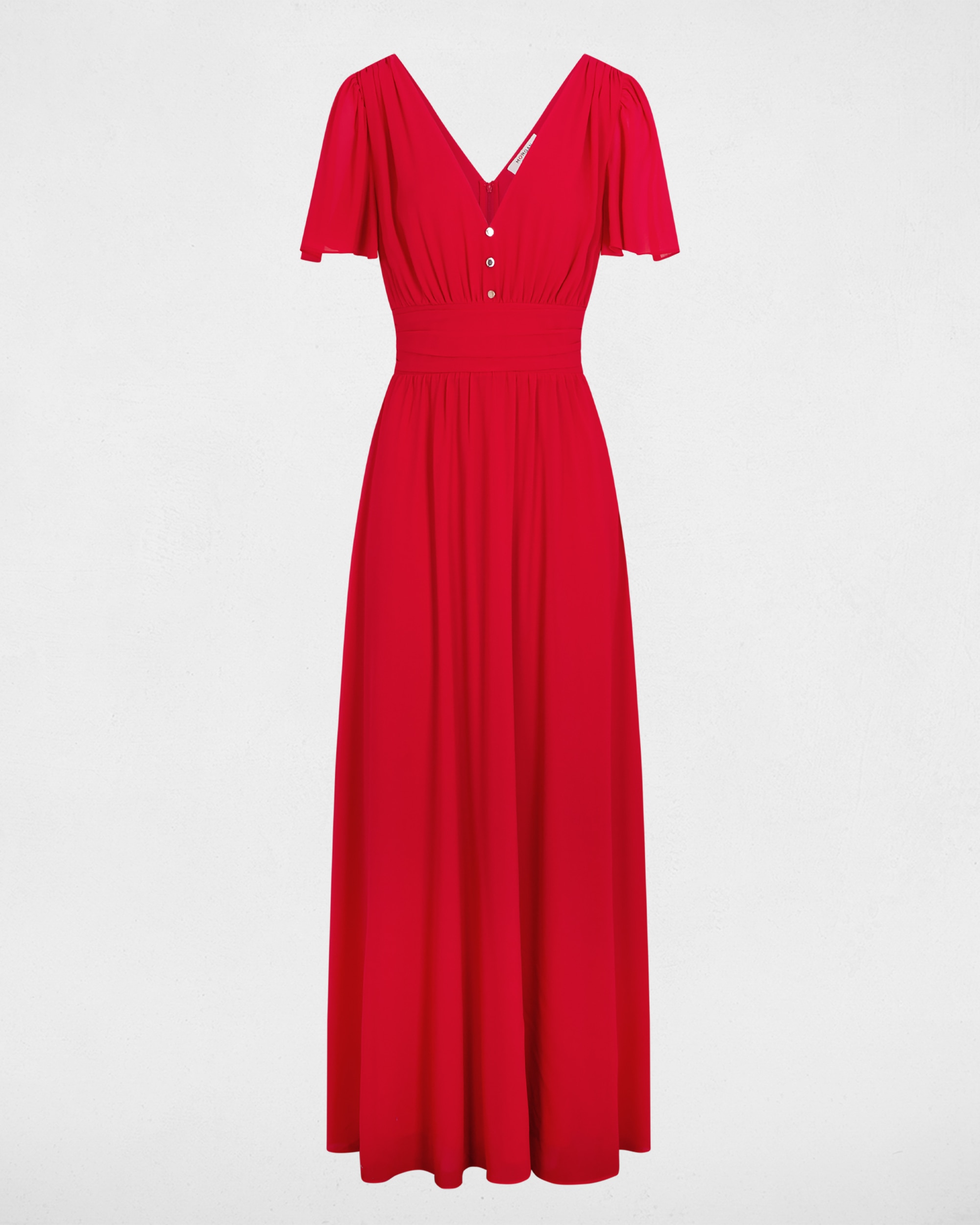 Vestido Comprido Fluido com Manga Curta e Decote em V Vermelho-2