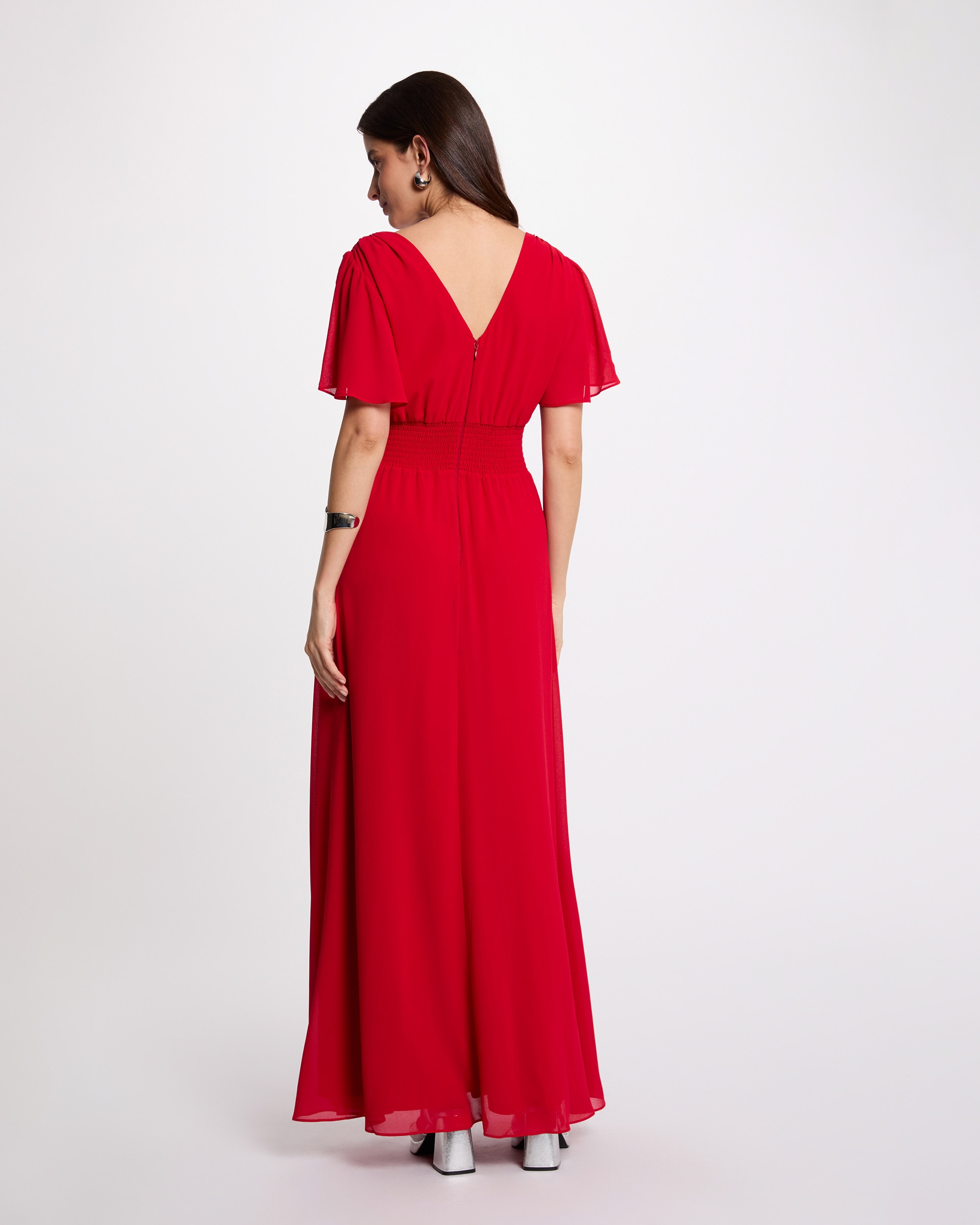 Vestido Comprido Fluido com Manga Curta e Decote em V Vermelho-3