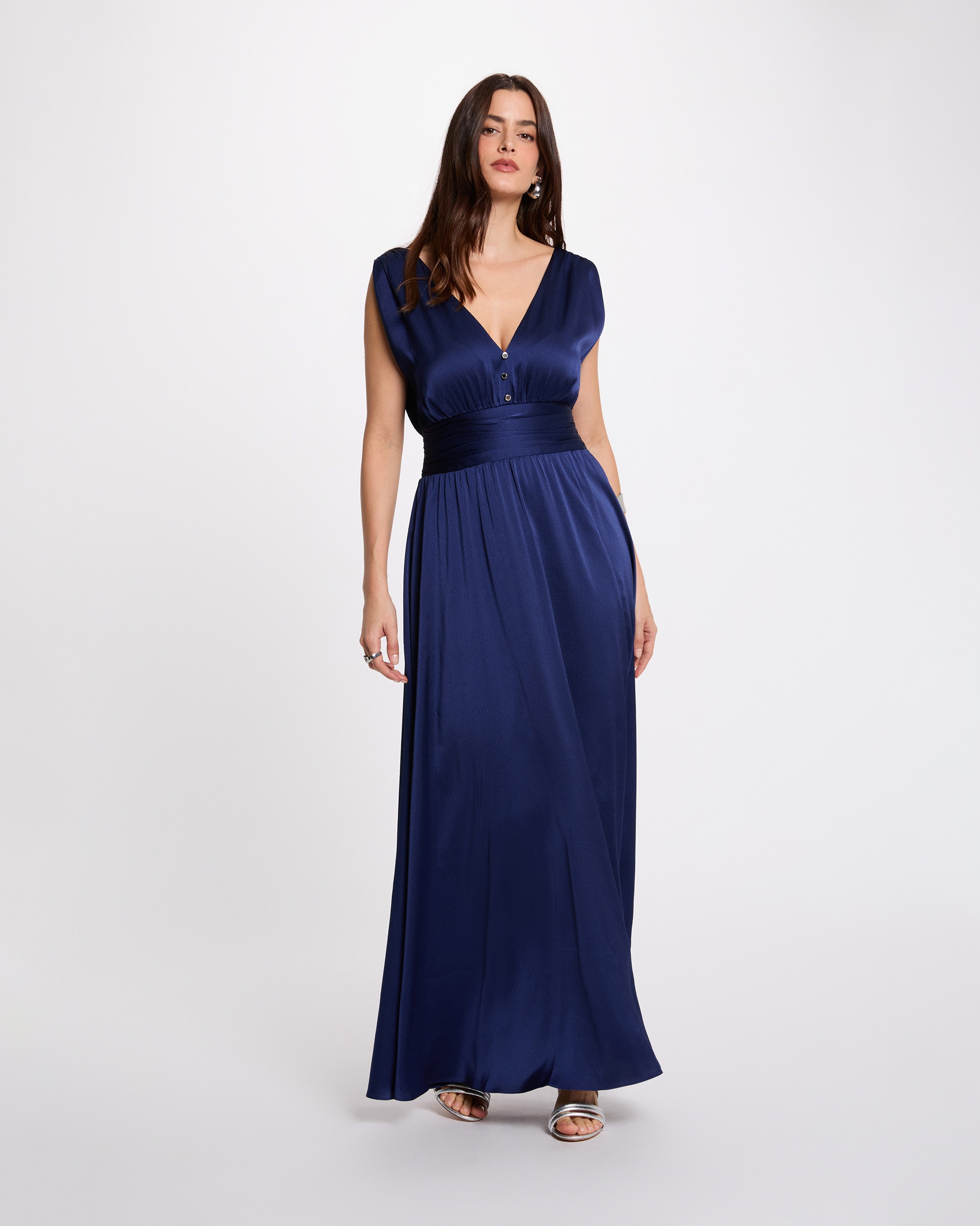 Vestido Comprido Fluído sem Mangas e Decote em V Azul-escuro-1