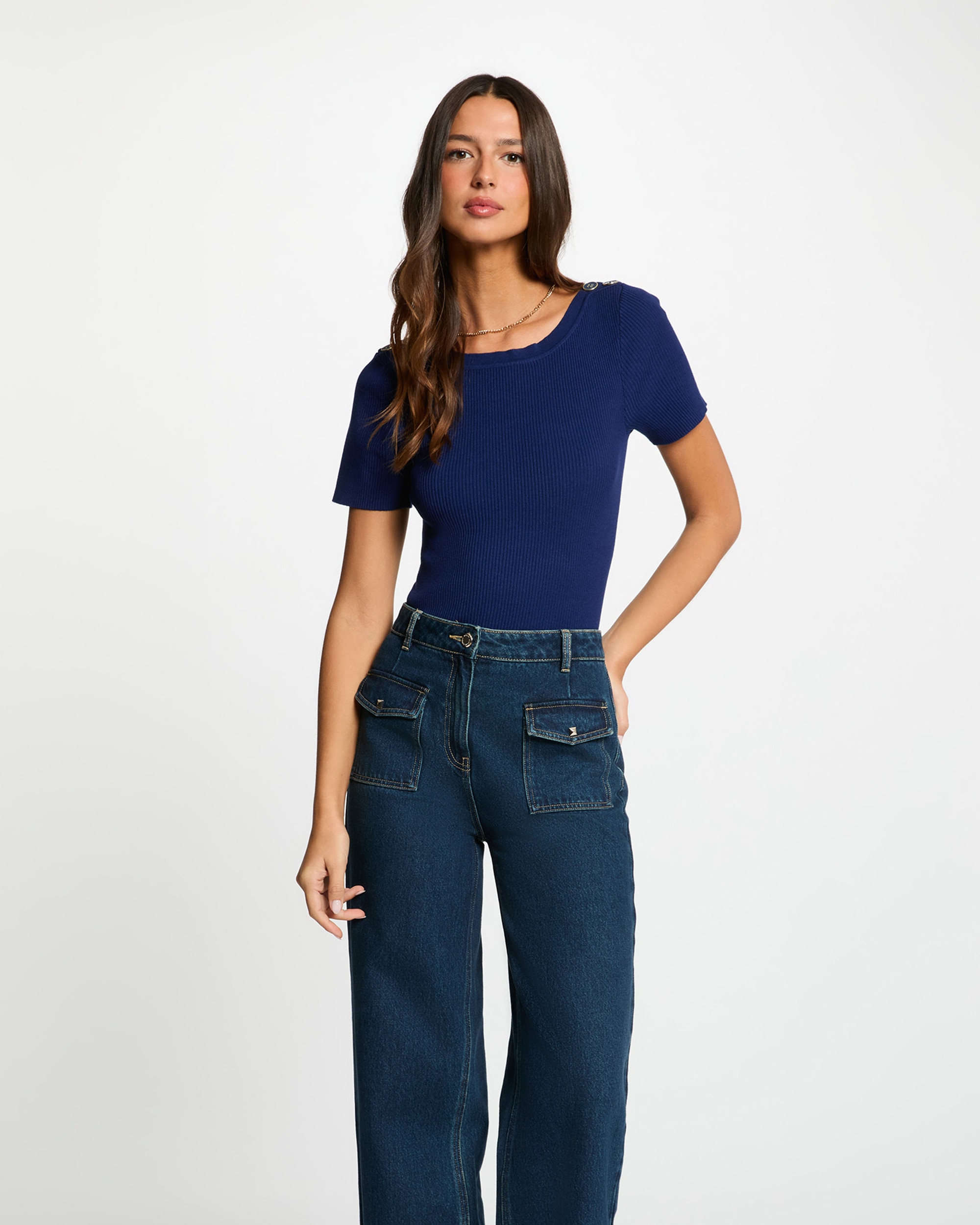 Camisola com Gola À Barco e Botões Azul-marinho-1