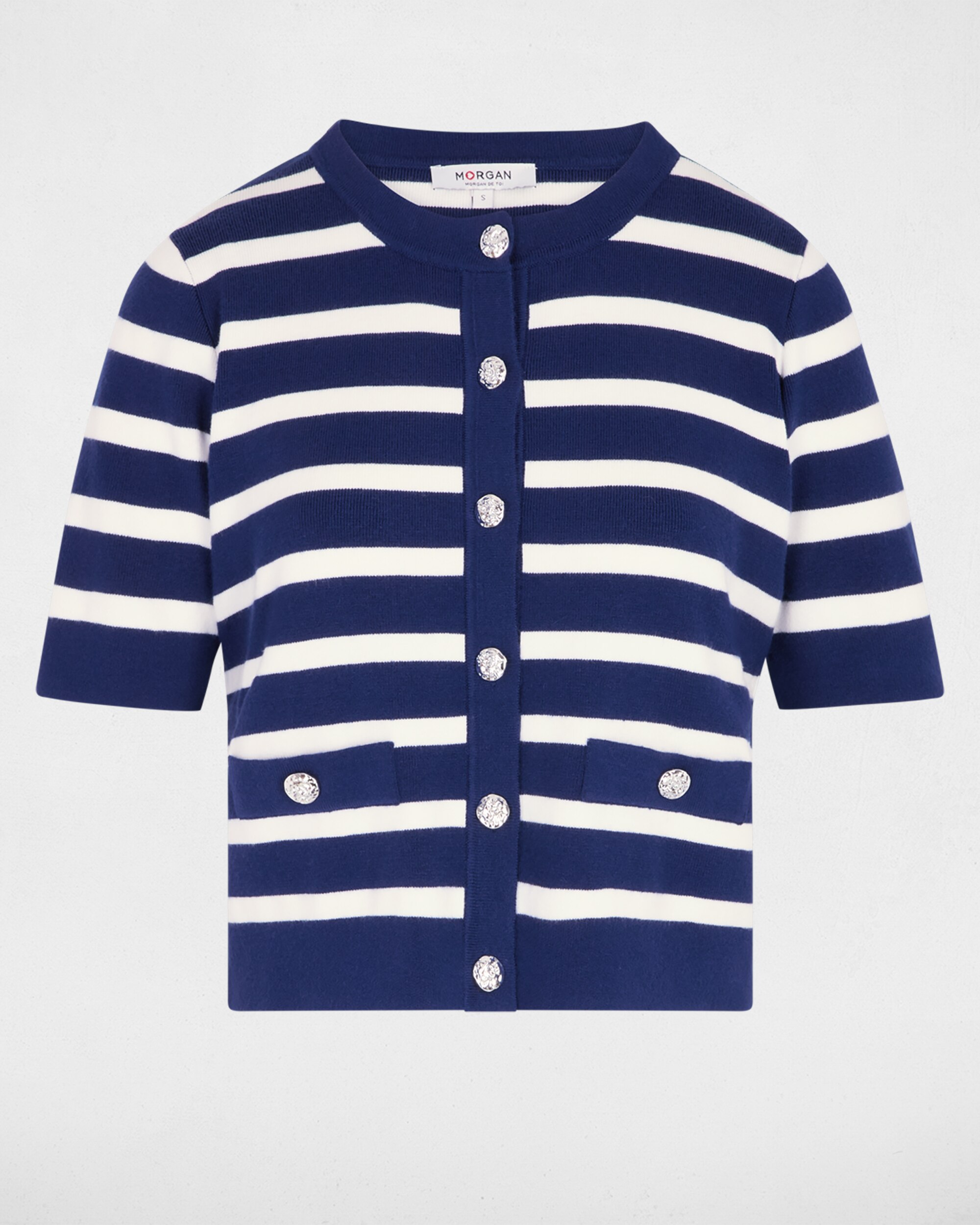 Cardigan de Manga Curta com Estampado Às Riscas Azul-escuro-2