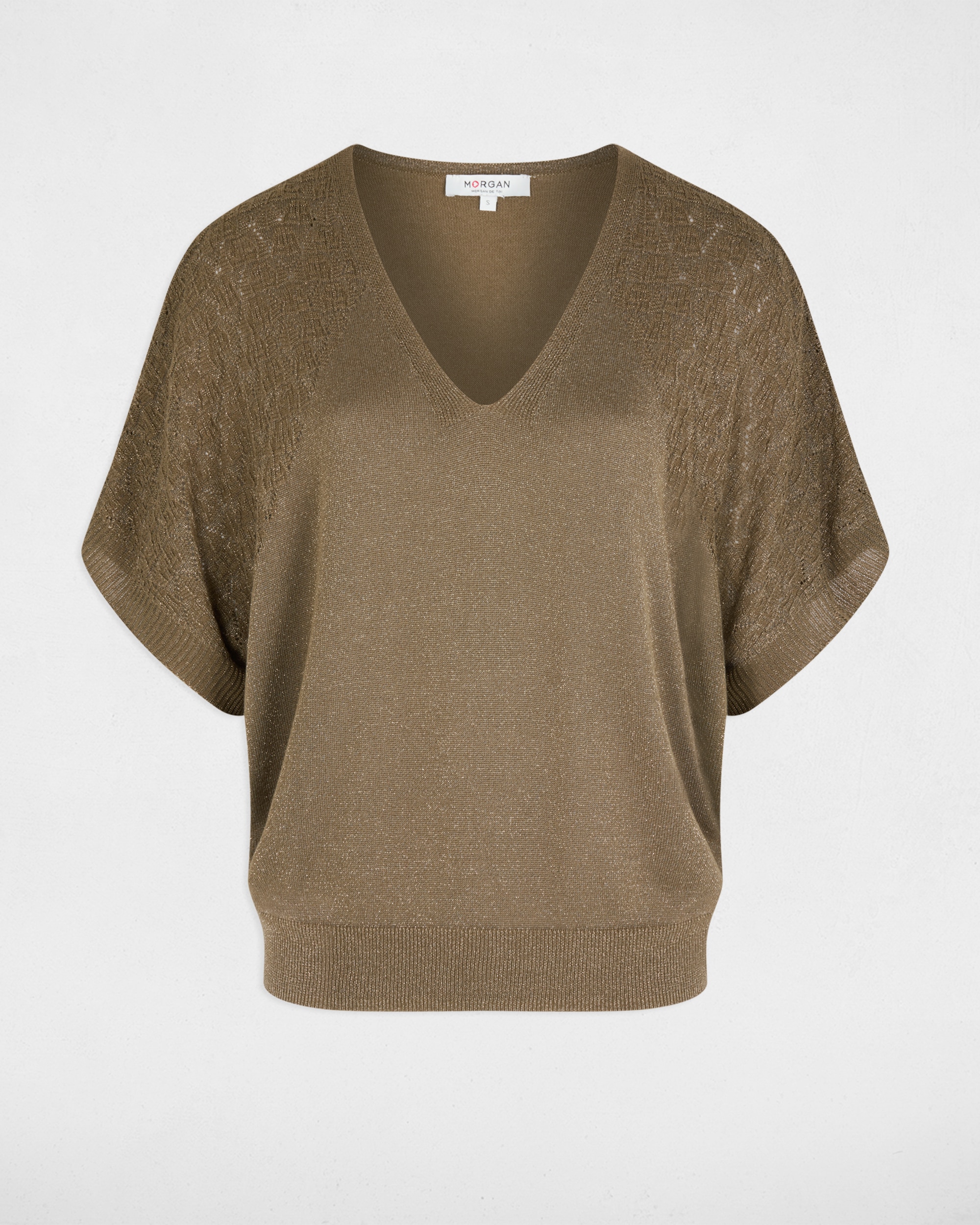 Camisola Oversize com Decote em V Castanho-claro-2