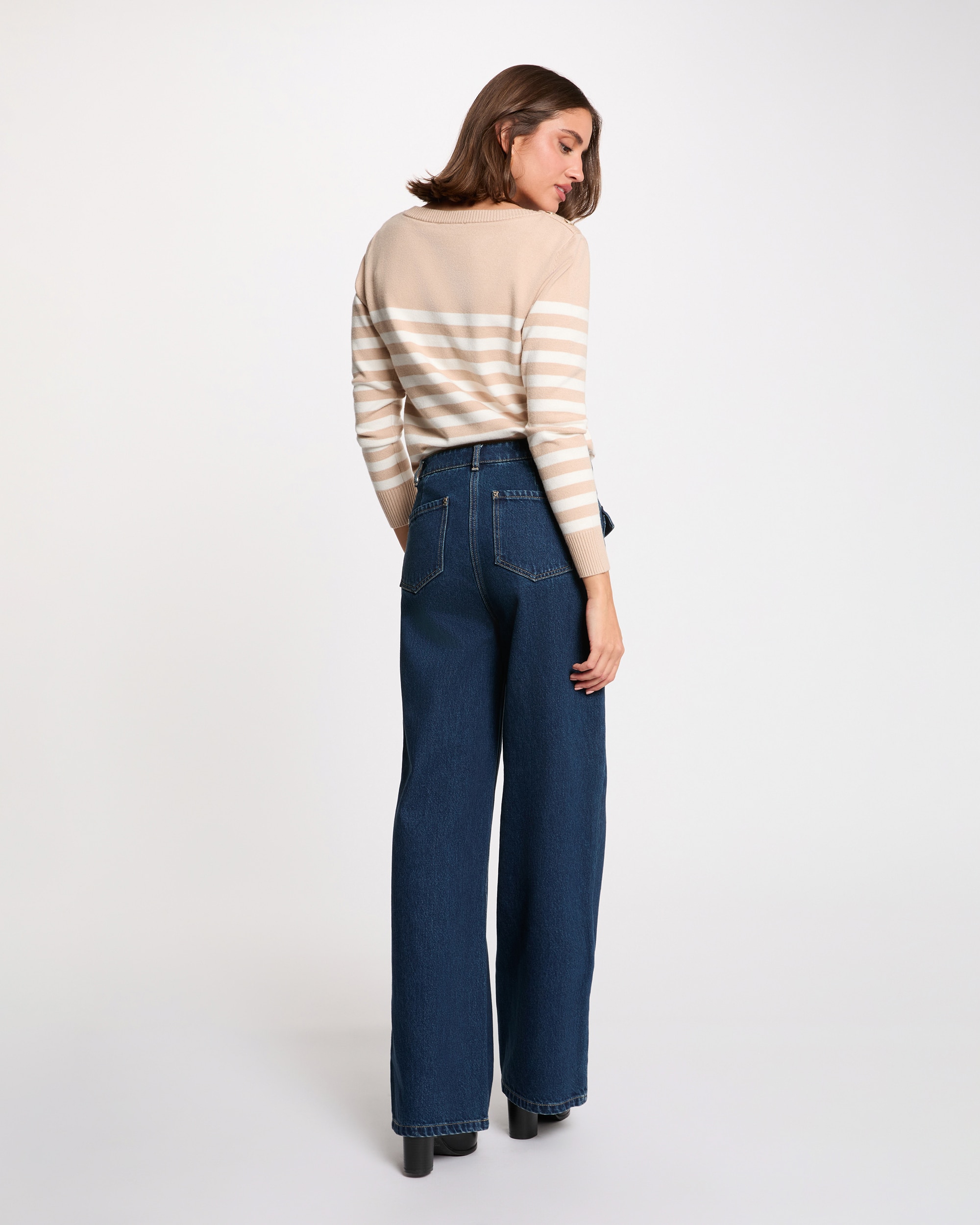 Camisola com Bordado e Estampado Às Riscas Castanho-claro-3