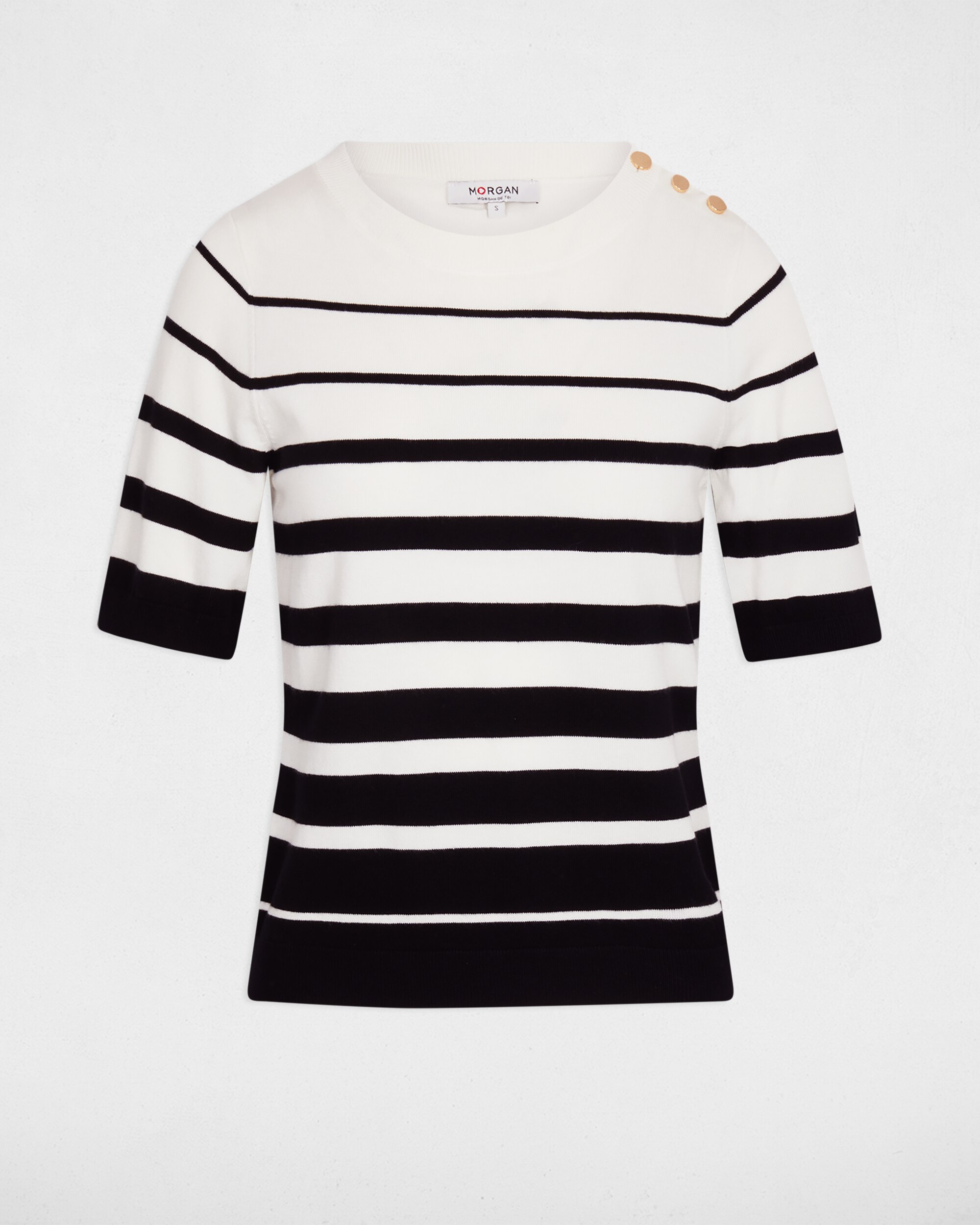 Camisola com Mangas Curtas e Estampado Às Riscas Branco-2