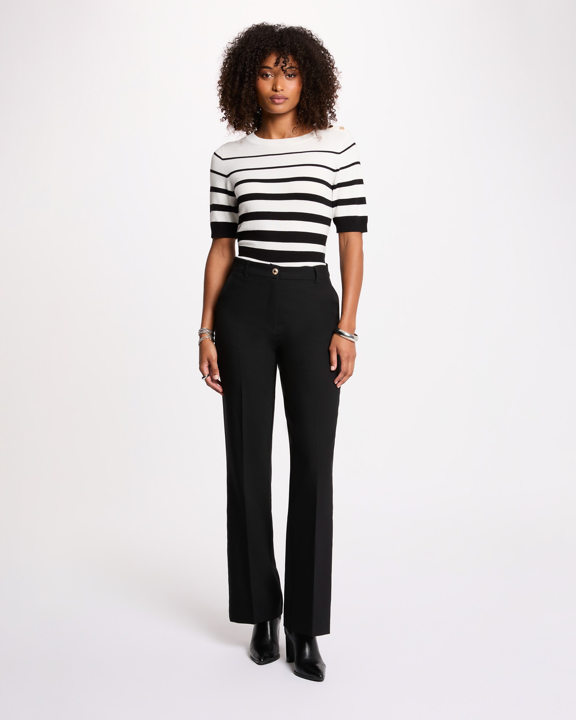 Camisola com Mangas Curtas e Estampado Às Riscas Branco-4
