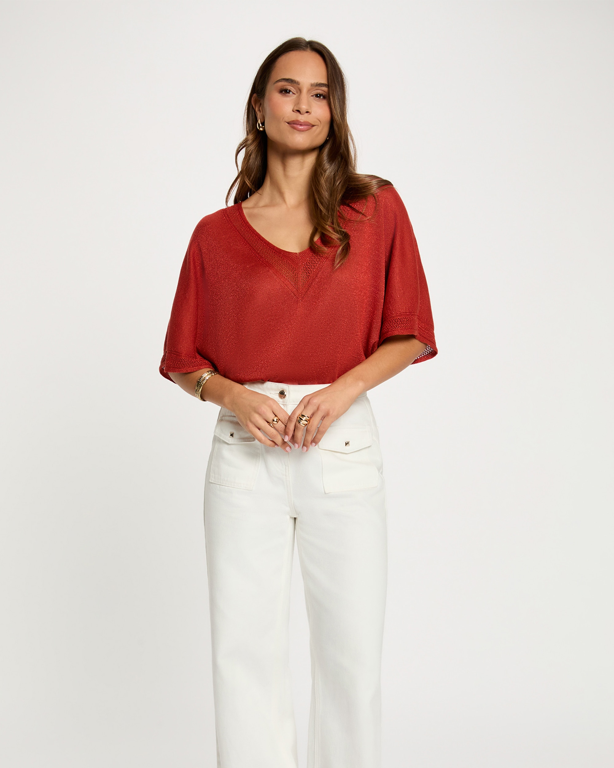 Camisola com Decote em V de Manga Curta Laranja-1