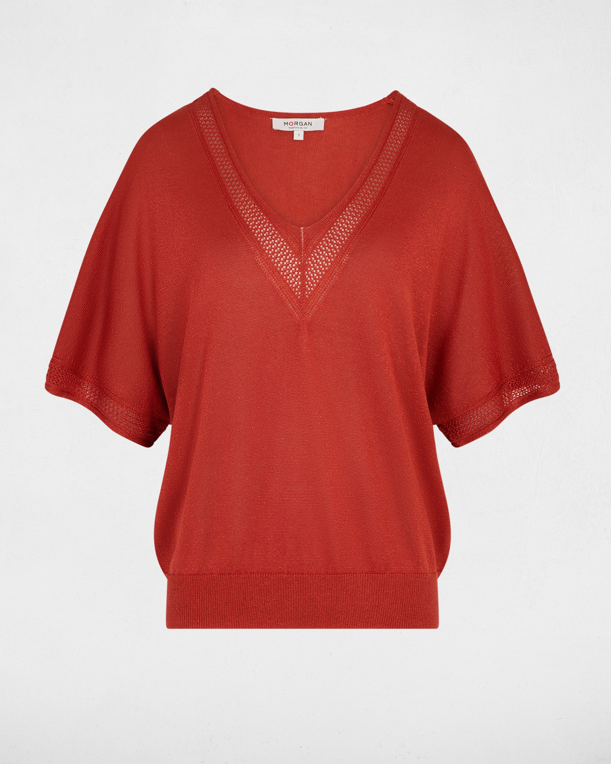 Camisola com Decote em V de Manga Curta Laranja-2