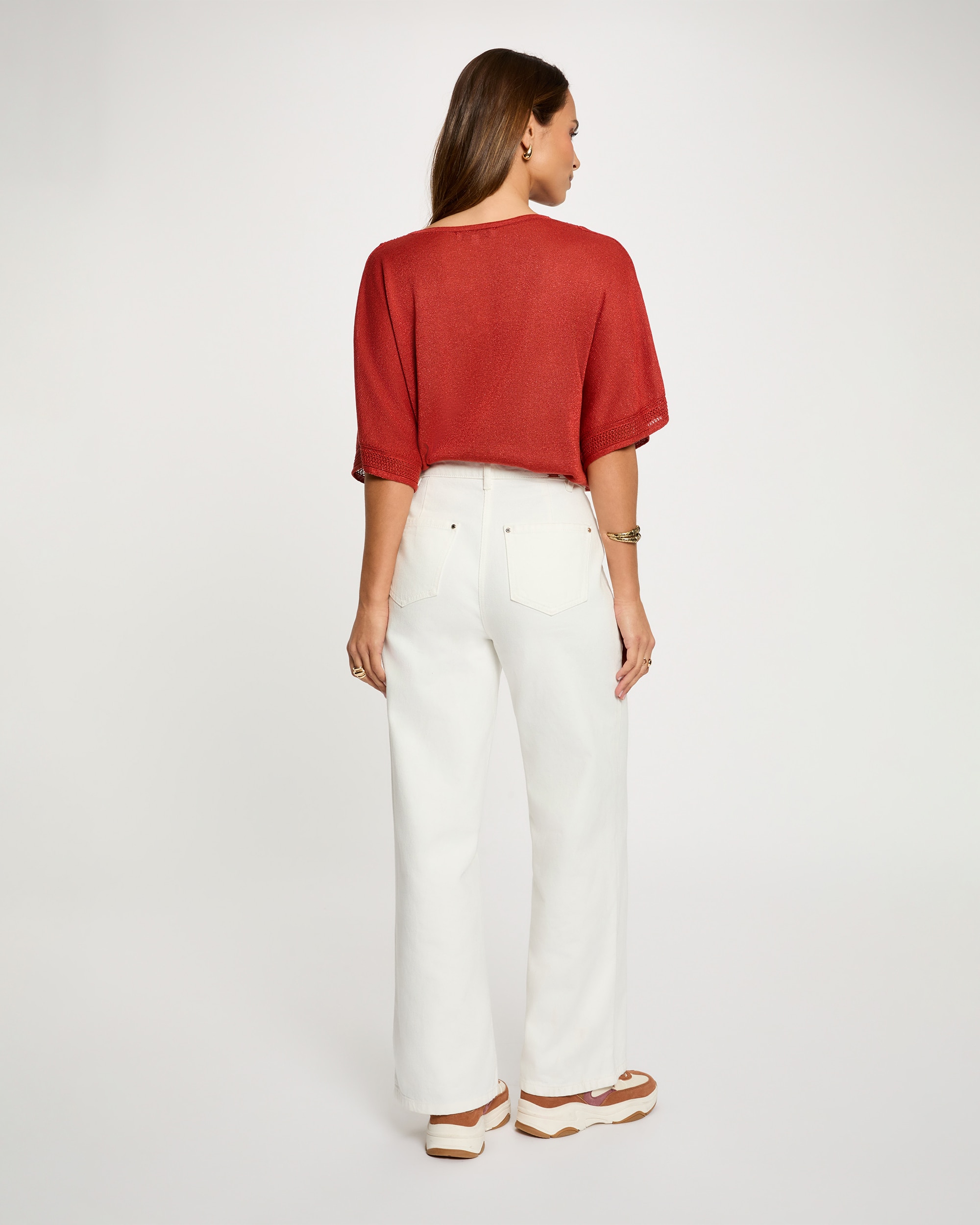 Camisola com Decote em V de Manga Curta Laranja-3