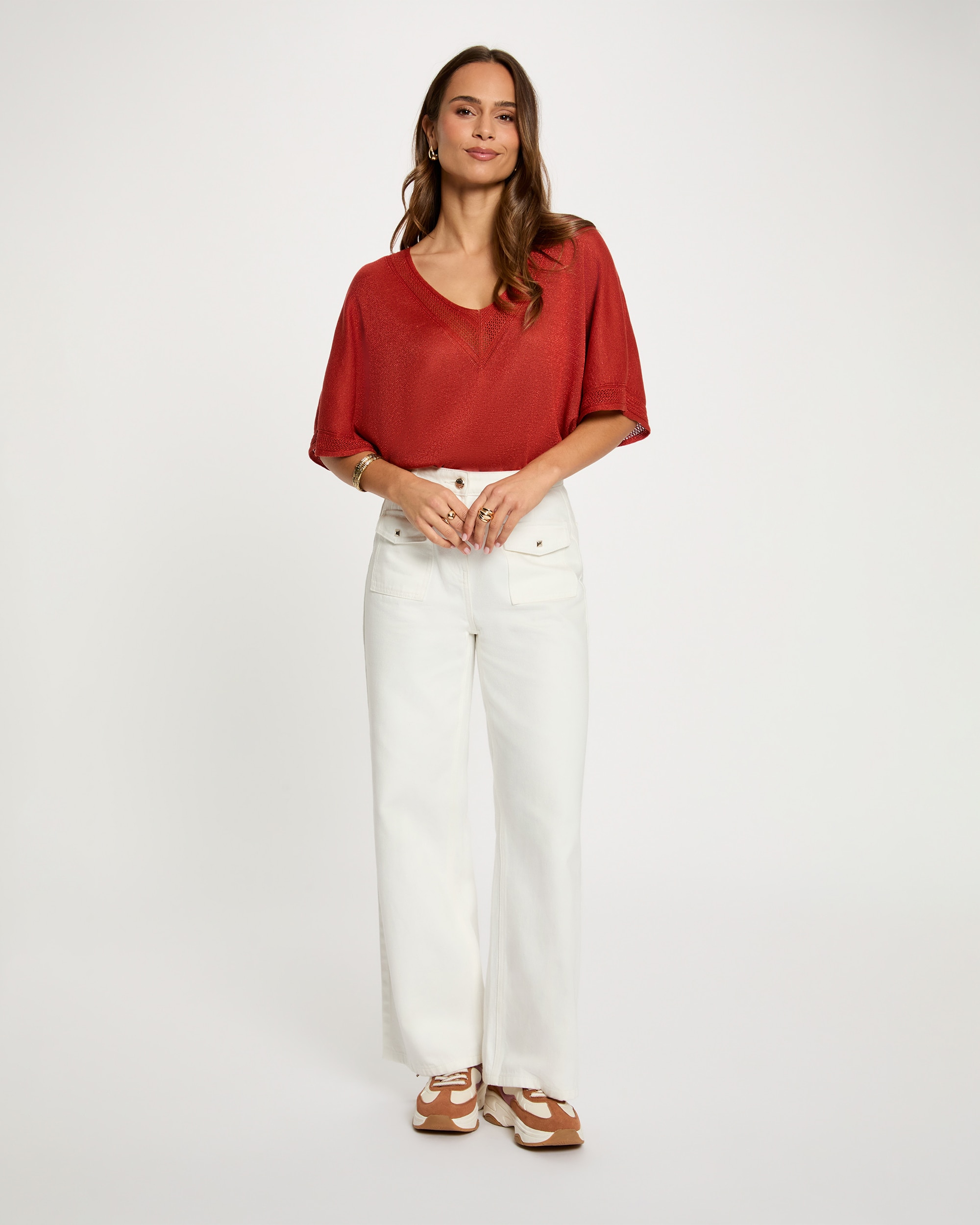 Camisola com Decote em V de Manga Curta Laranja-4