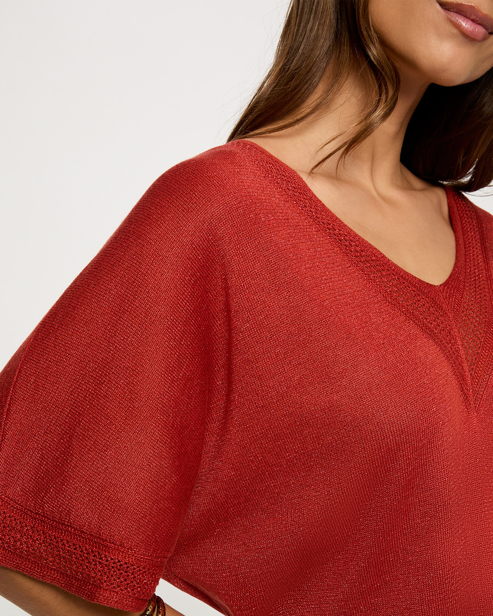 Camisola com Decote em V de Manga Curta Laranja-5