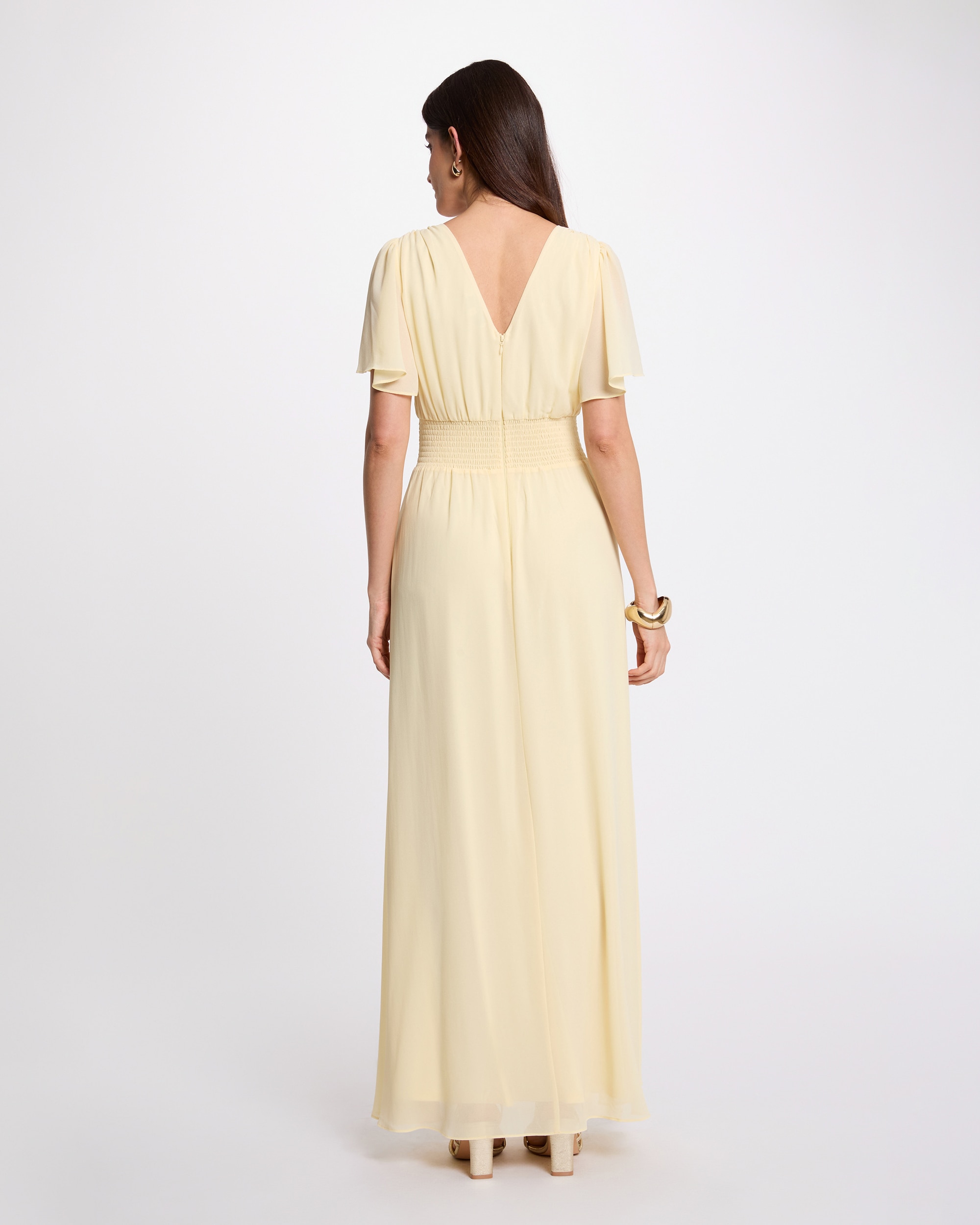 Vestido Comprido Fluido com Manga Curta e Decote em V Amarelo-3