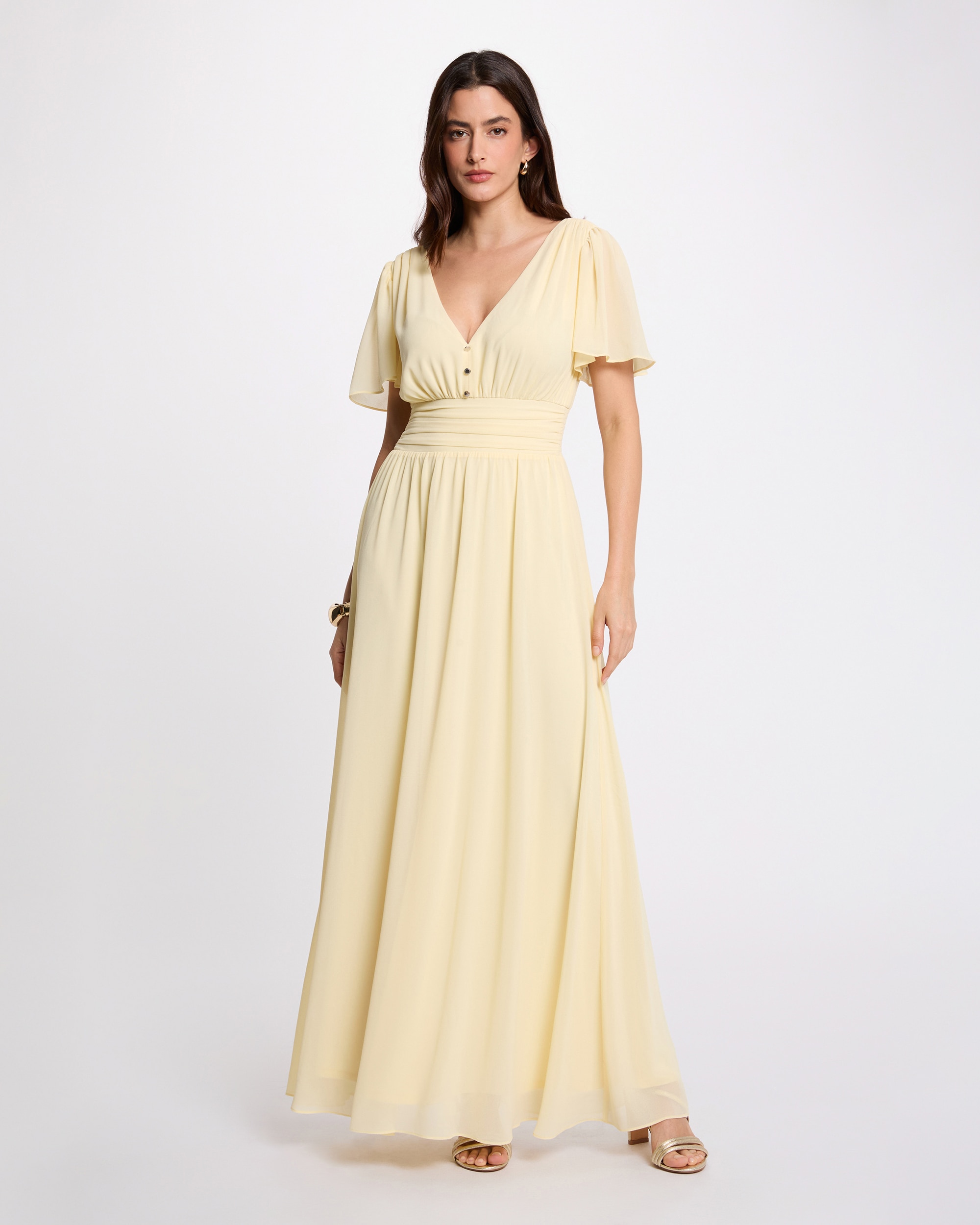 Vestido Comprido Fluido com Manga Curta e Decote em V Amarelo-1