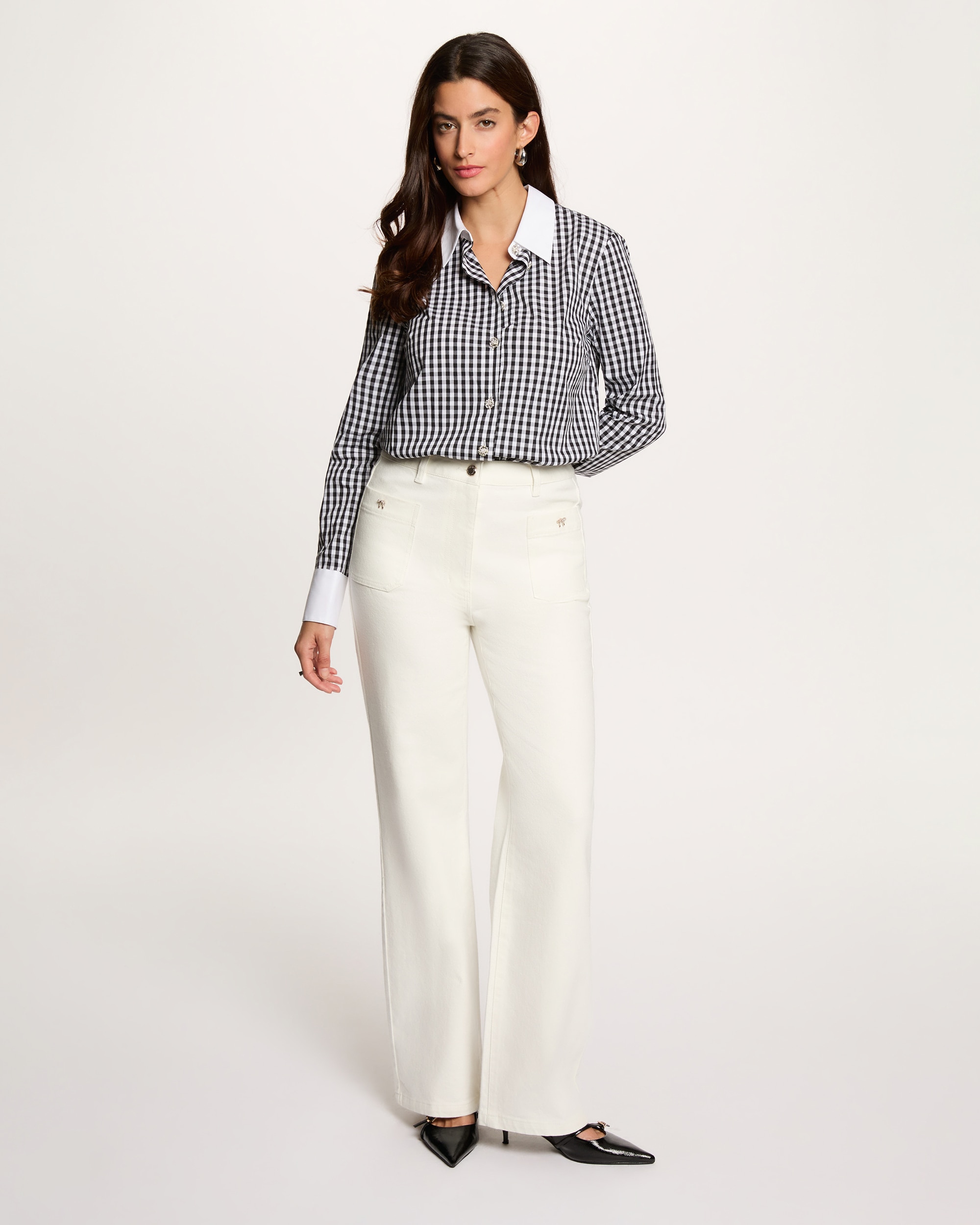 Calças Jeans Largas de Cintura Subida Branco-4