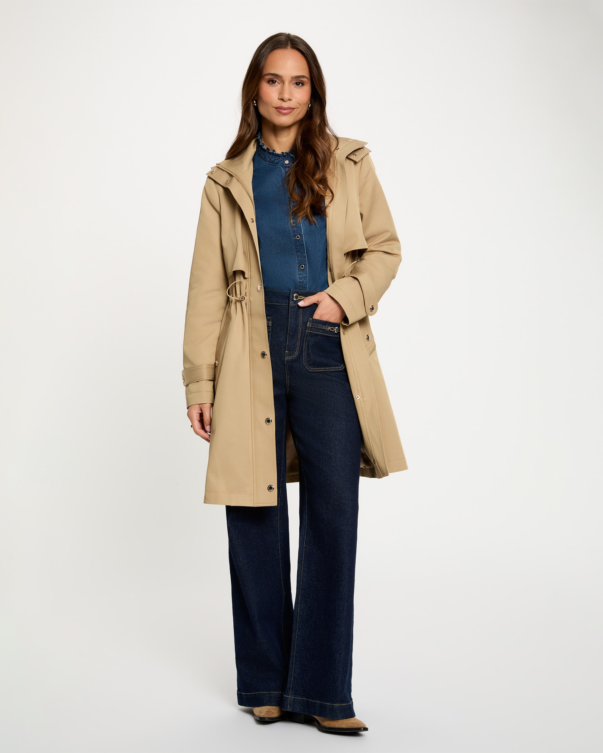 Parka Comprida com Gola Alta Bege-4