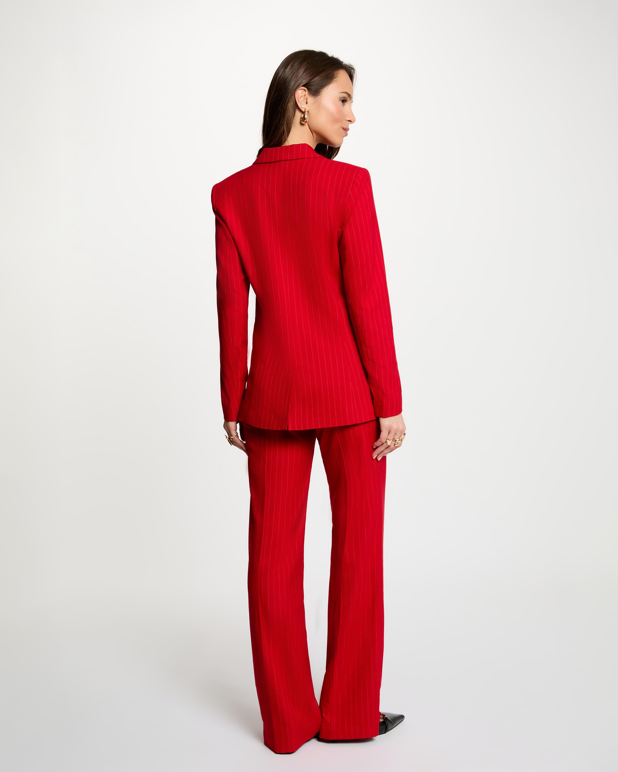 Calças com Corte a Direito de Cintura Subida com Pinças Vermelho-3