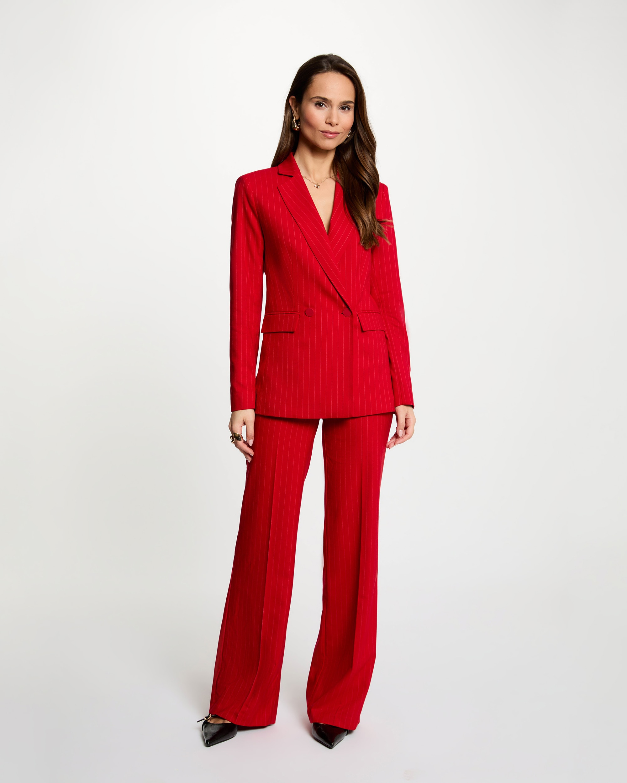 Calças com Corte a Direito de Cintura Subida com Pinças Vermelho-4