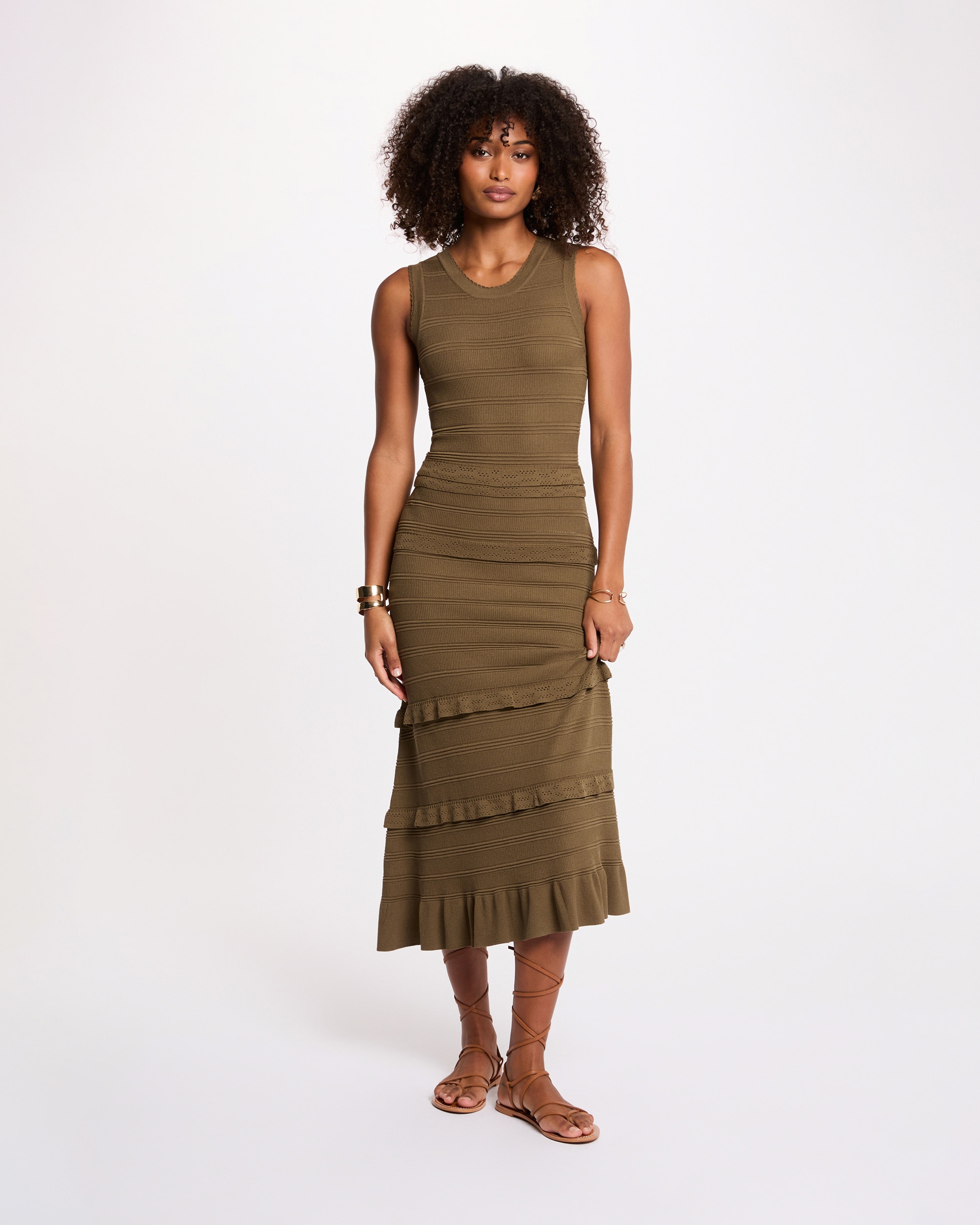 Vestido Comprido de Malha Ajustado sem Mangas Verde-militar-1