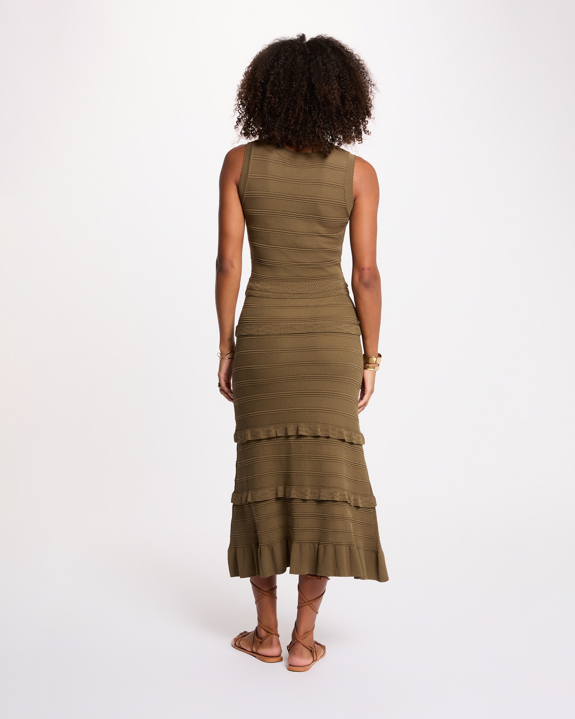 Vestido Comprido de Malha Ajustado sem Mangas Verde-militar-3