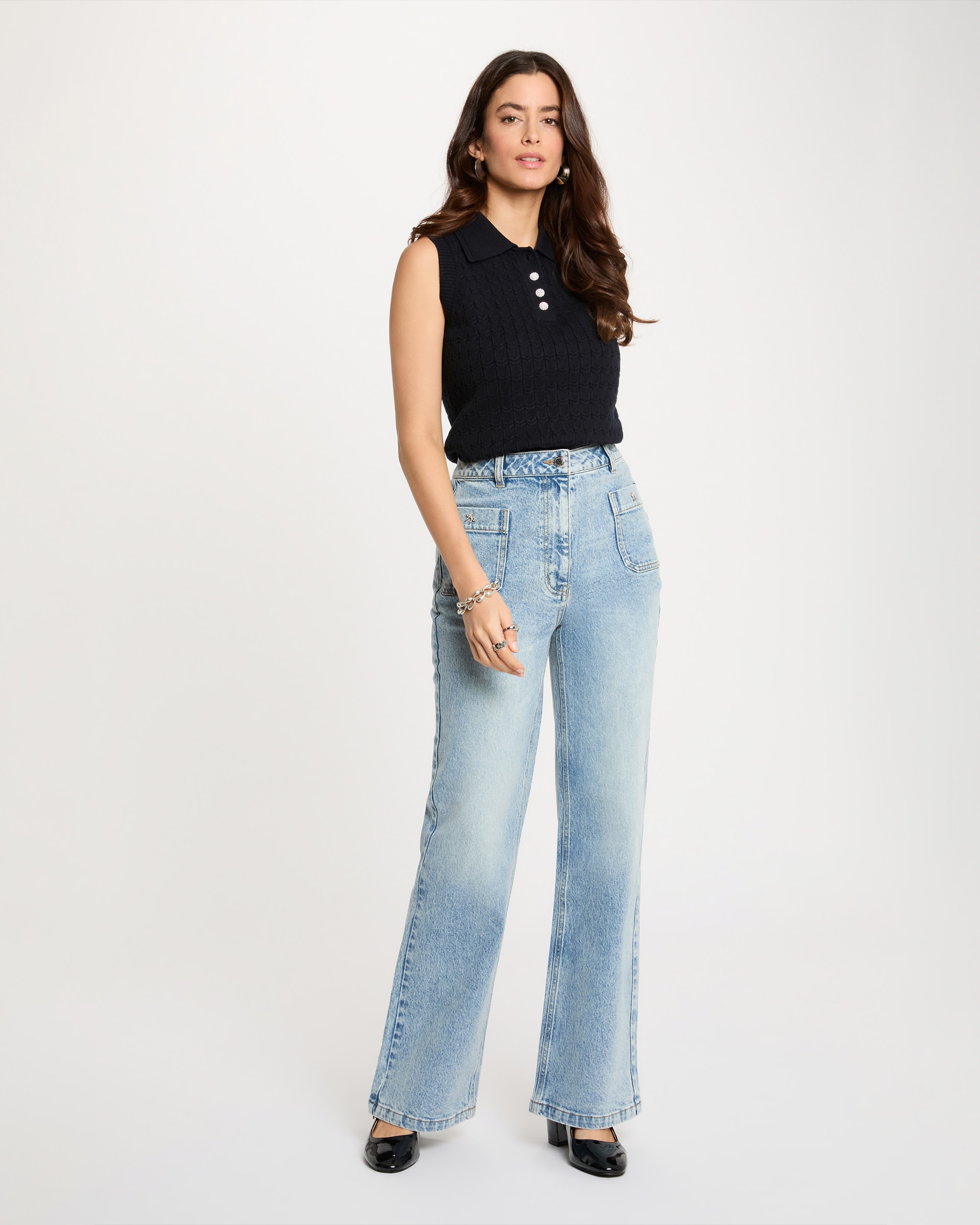 Jeans Largos de Cintura Subida Azul denim-4