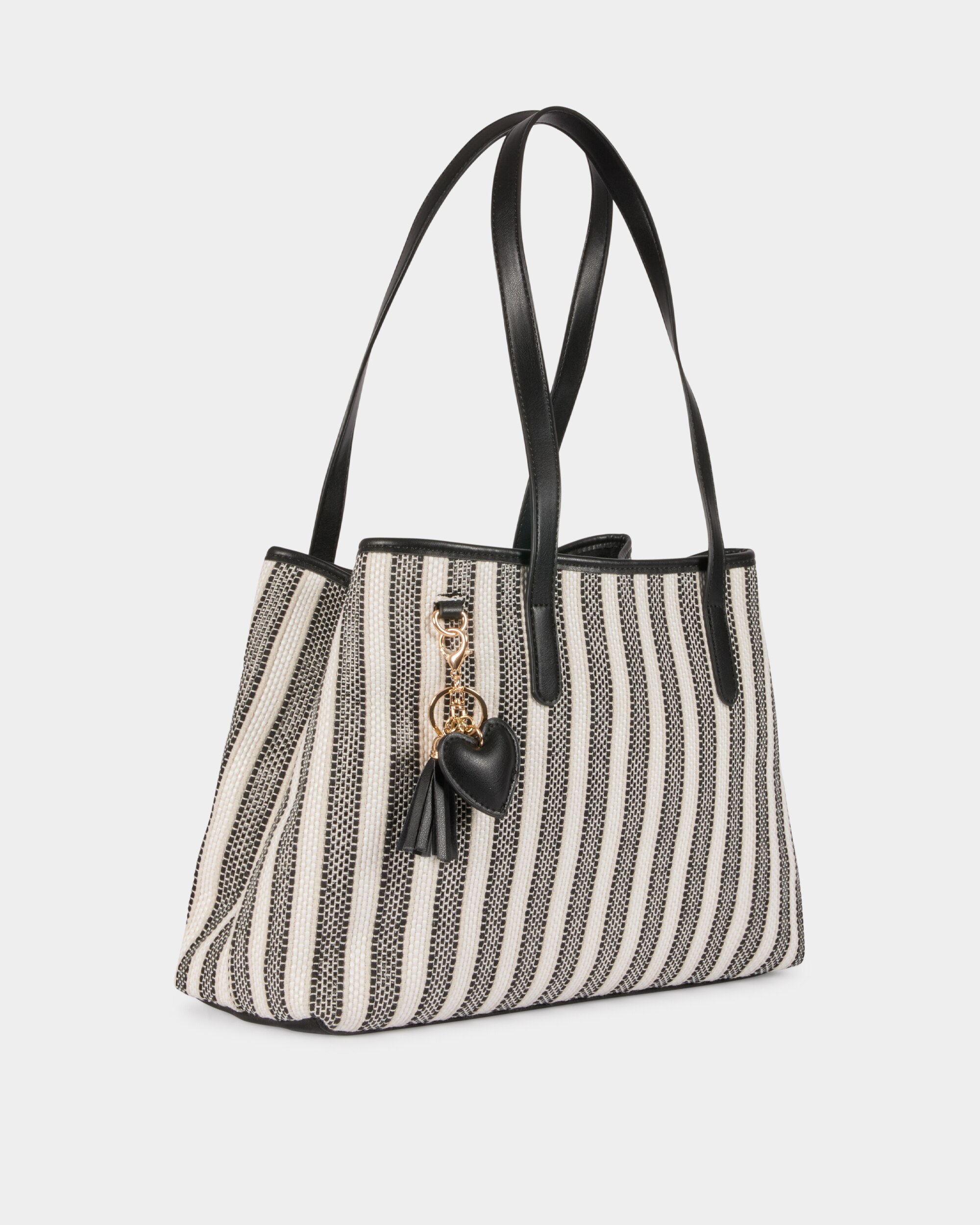 Mala de Ombro com Pendente e Estampado Às Riscas Preto-2