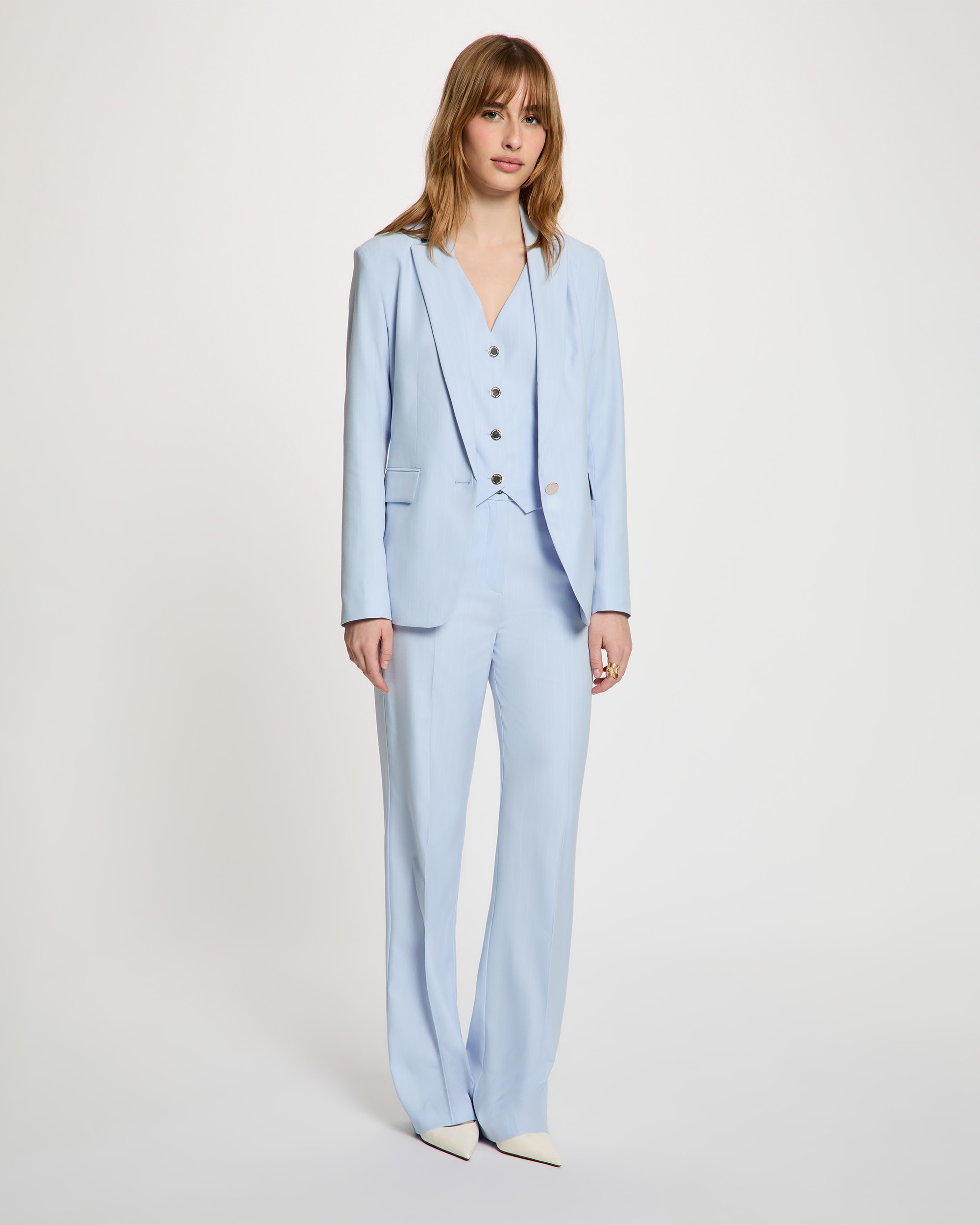 Blazer Ajustado com Estampado Às Riscas Azul-claro-4