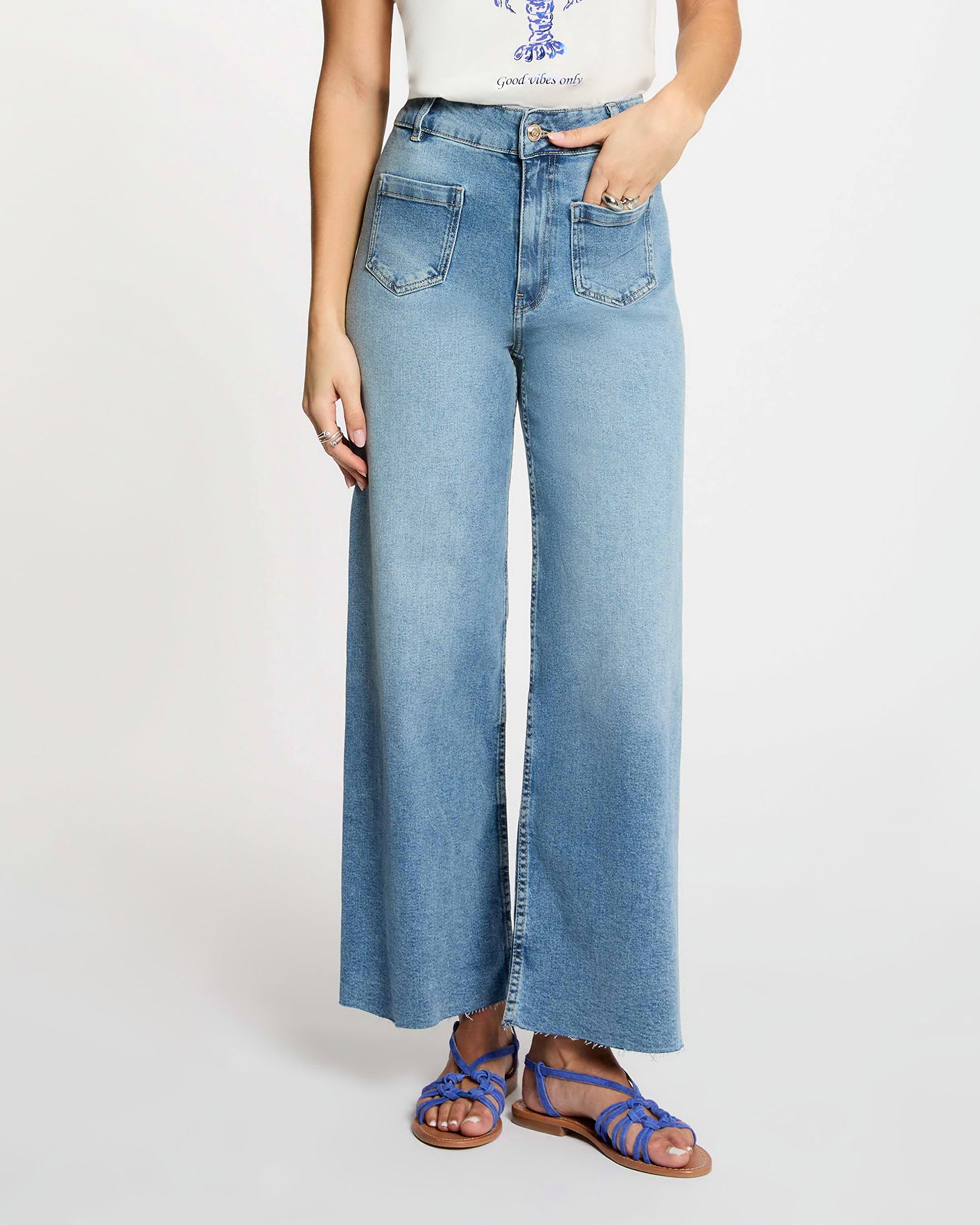 Calças Jeans Largas de Cintura Subida Azul-claro-1
