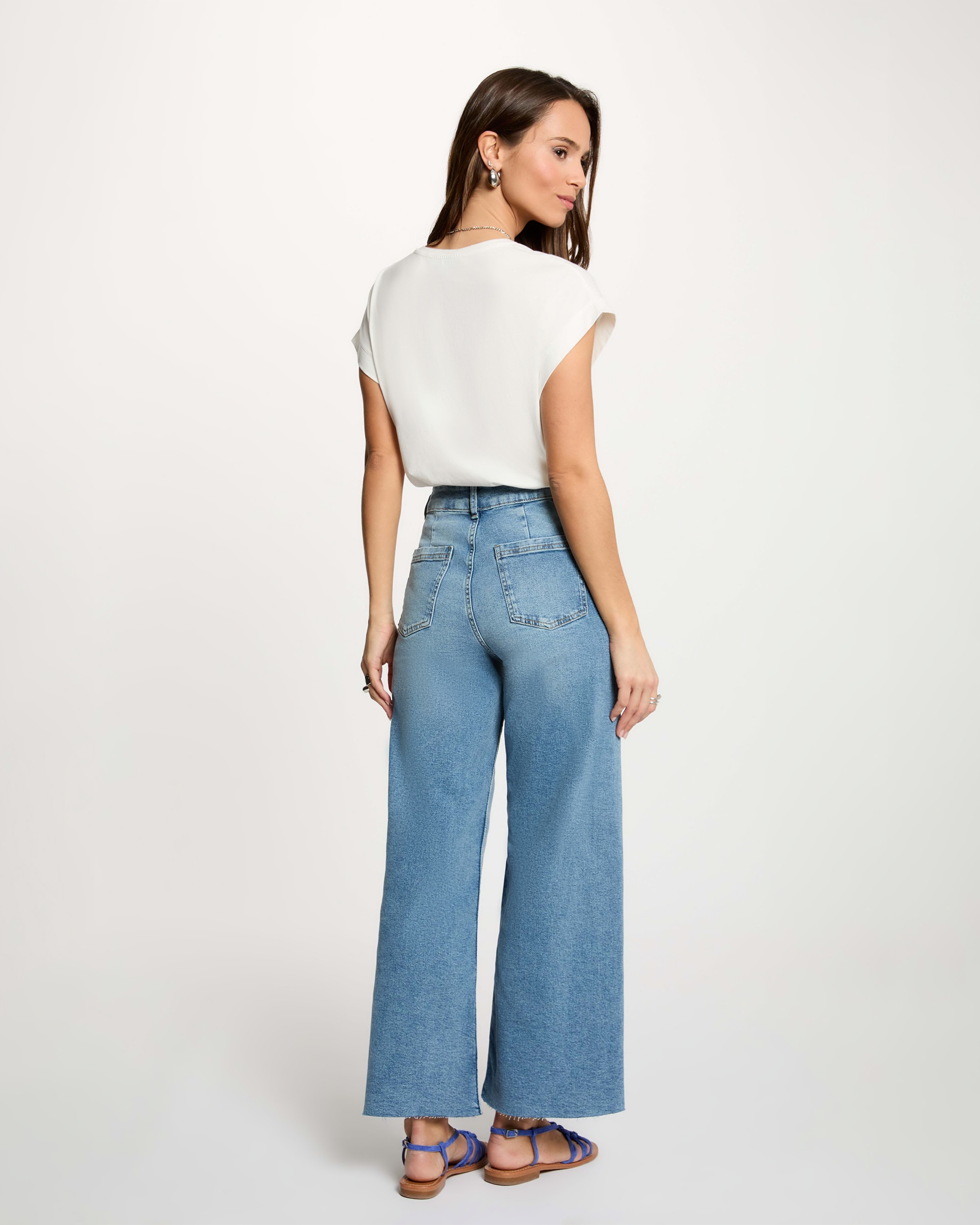 Calças Jeans Largas de Cintura Subida Azul-claro-3