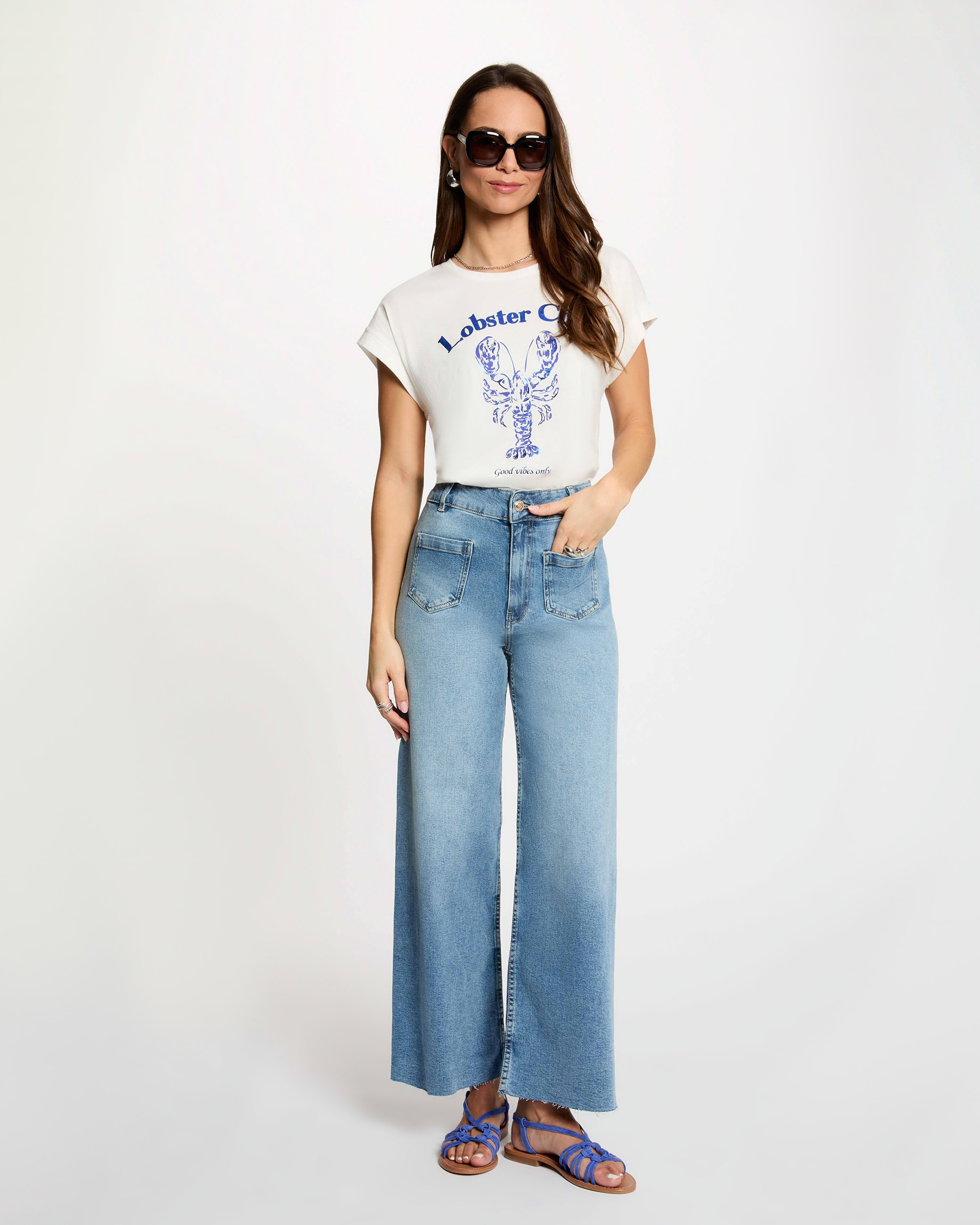 Calças Jeans Largas de Cintura Subida Azul-claro-4