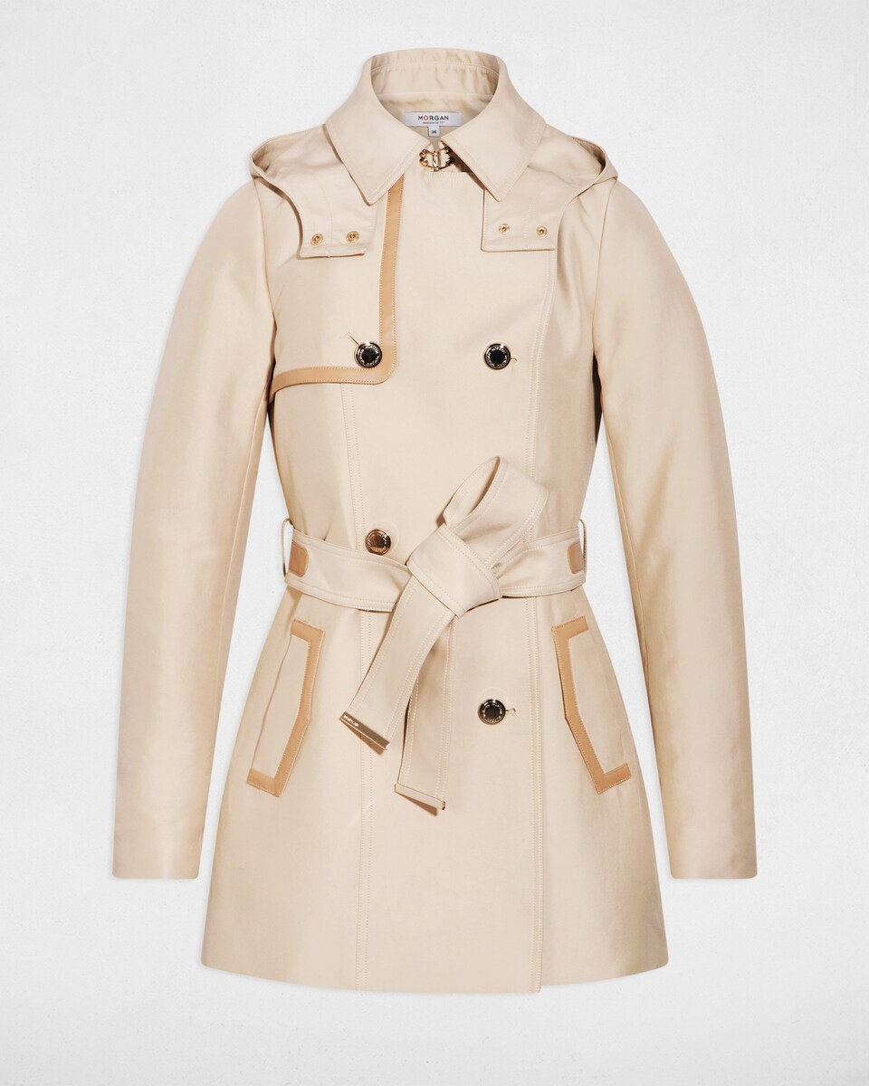 Gabardina Média com Capuz Bege-2