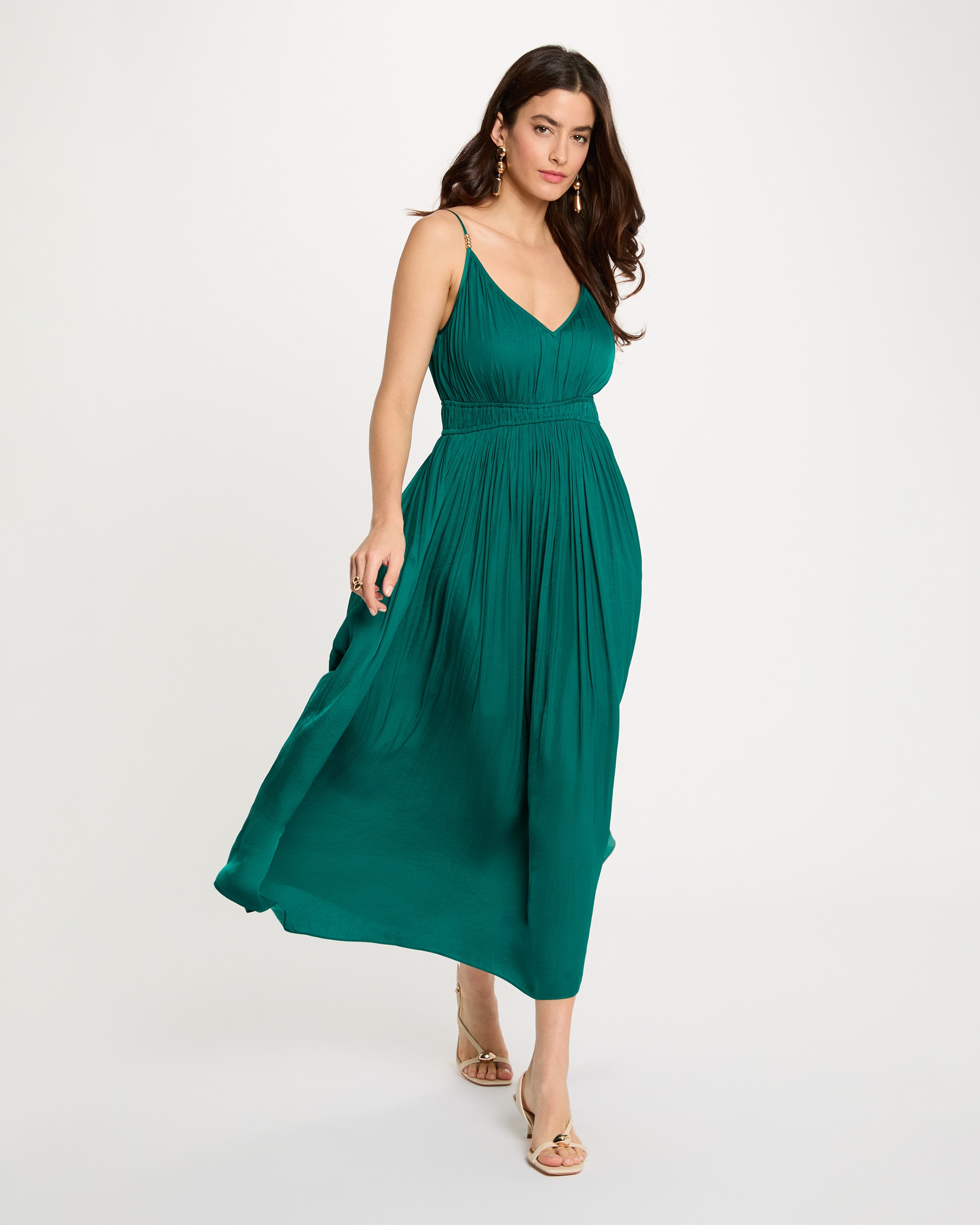 Vestido Midi com Corte a Direito Plissado Verde-4