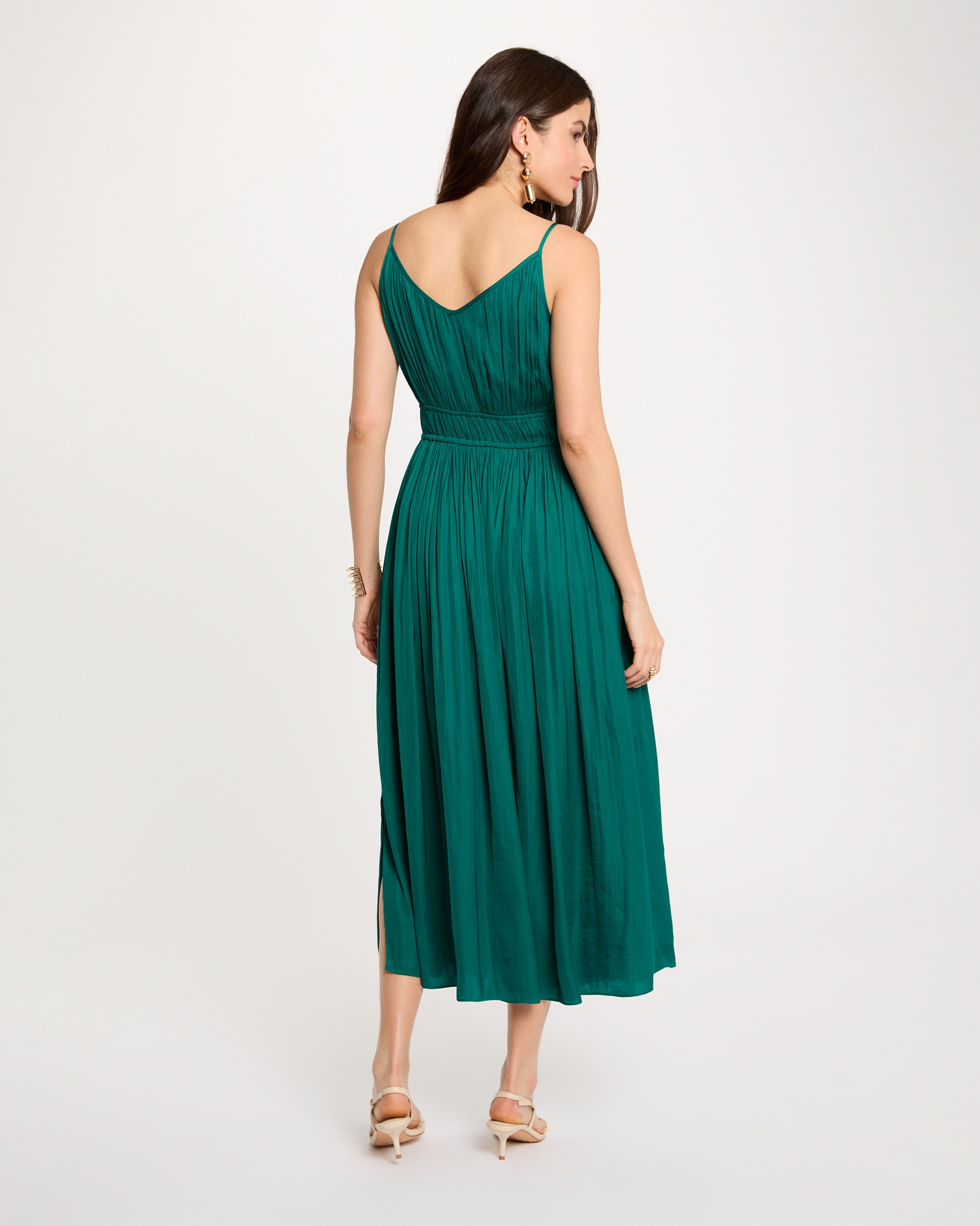 Vestido Midi com Corte a Direito Plissado Verde-3
