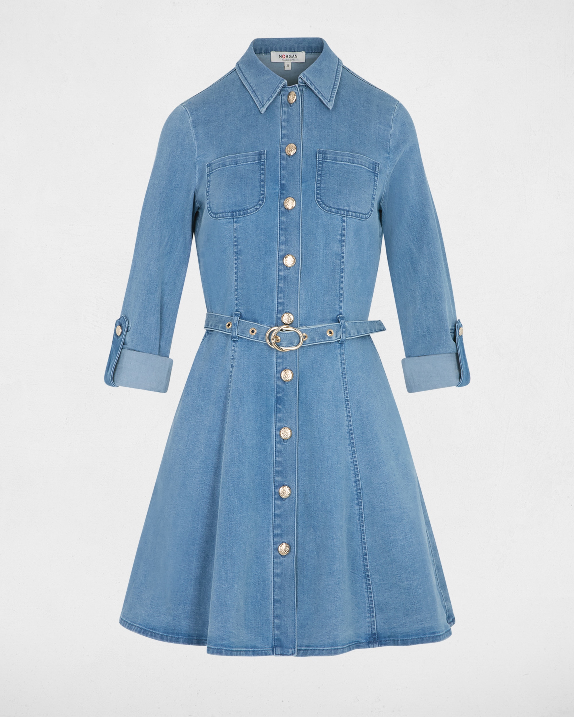 Vestido Curto em Tecido Jeans com Cinto Celeste-2