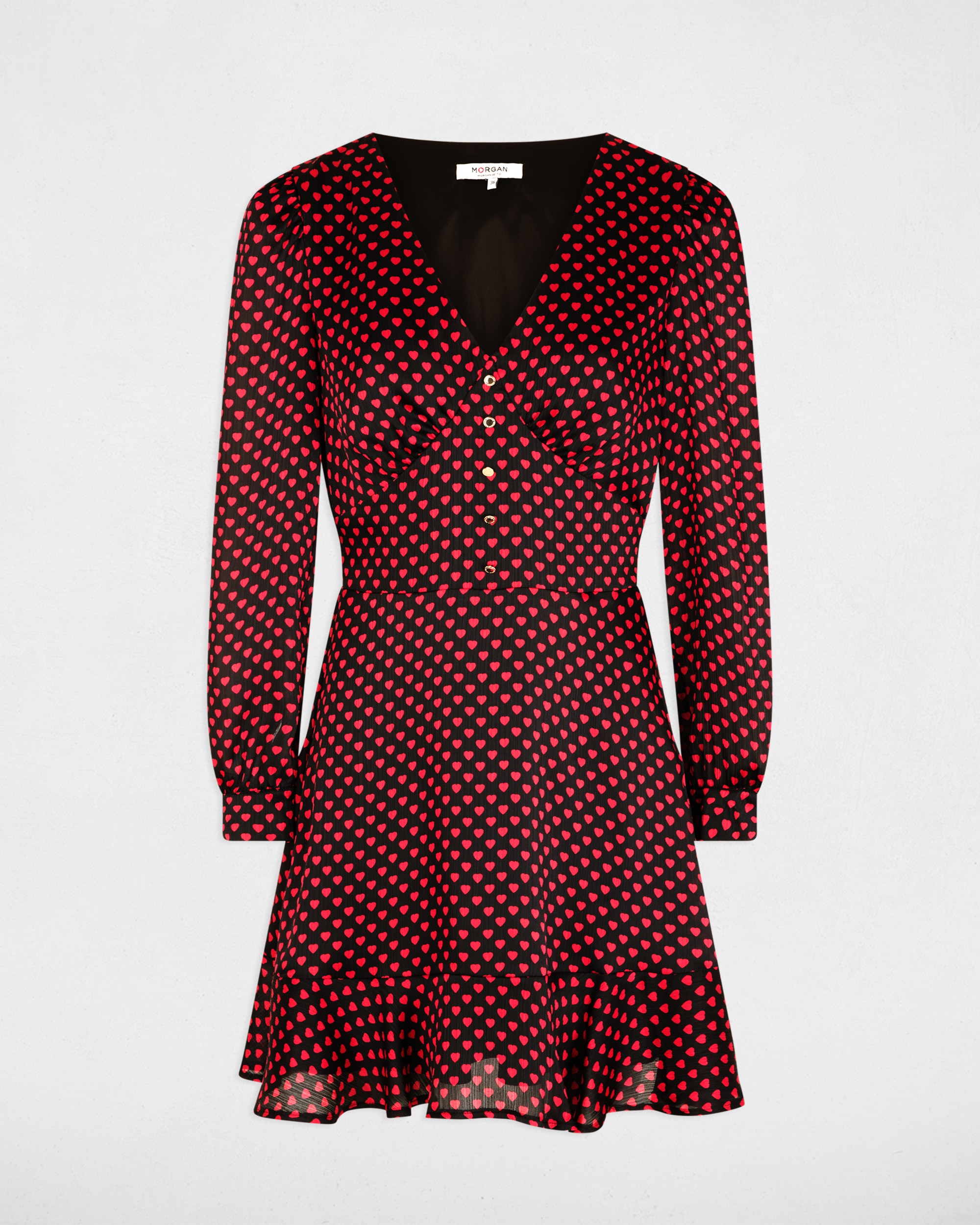 Vestido Curto com Decote em V e Manga Comprida Preto / Vermelho-2