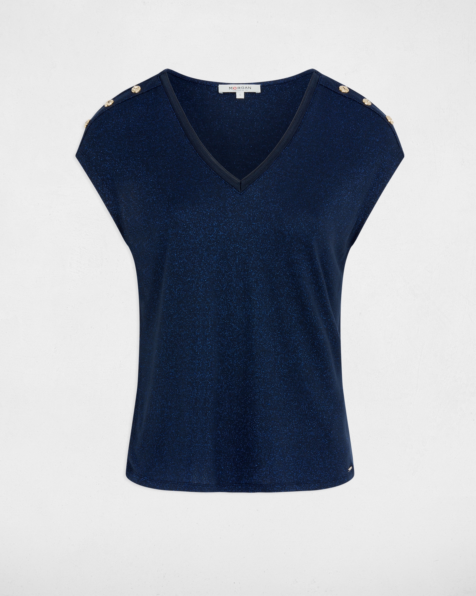 T-shirt com Gola em V e Botões Azul-marinho-2