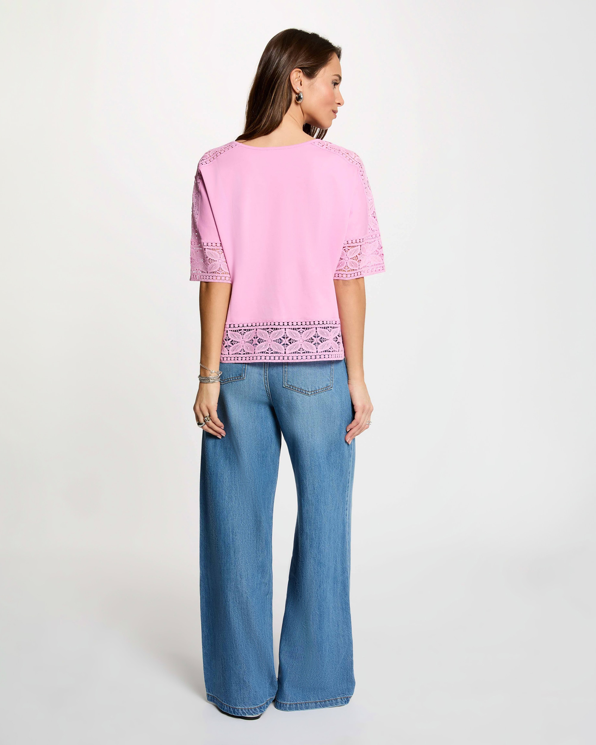 T-shirt de Renda com Decote À Barco Rosa-3