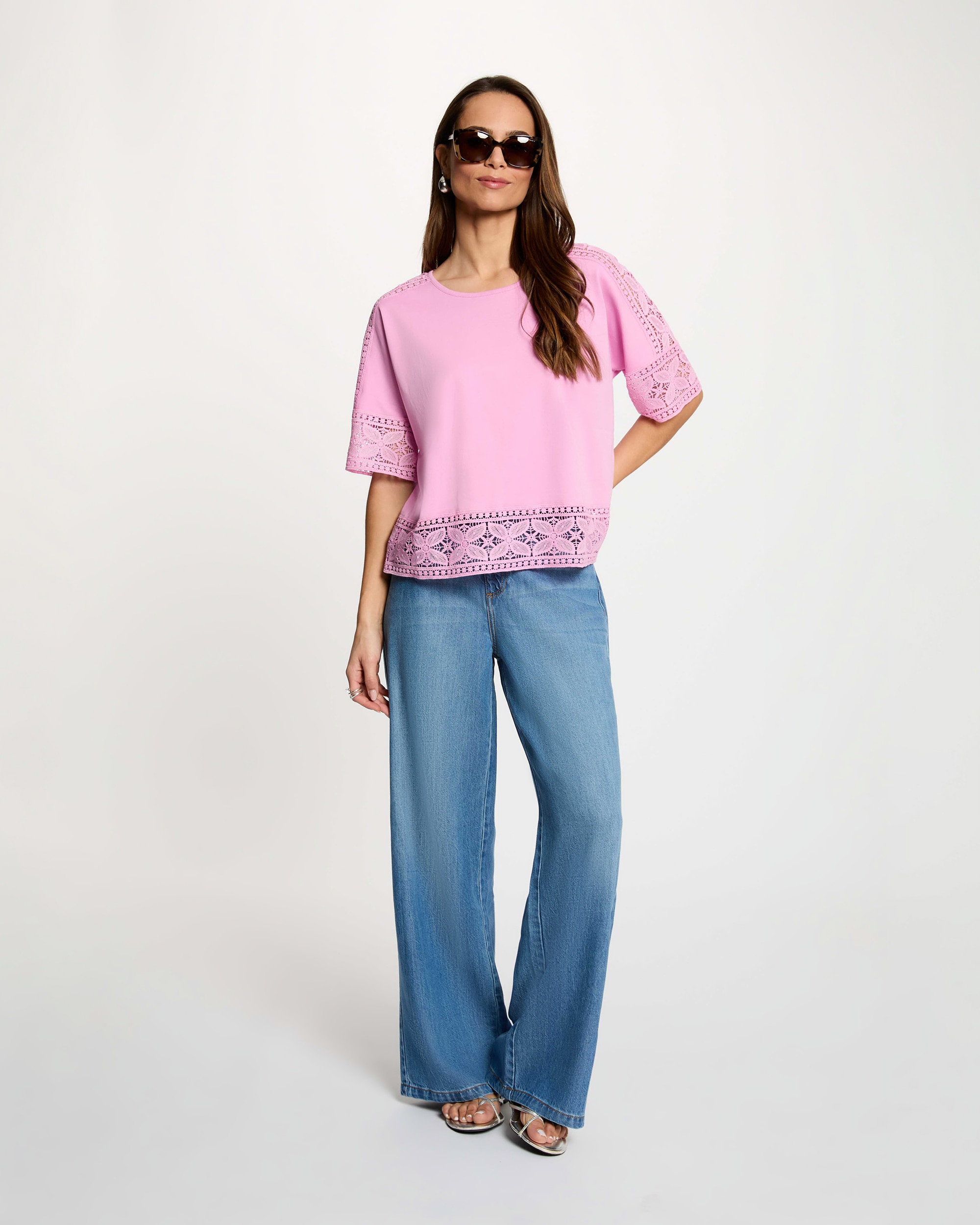 T-shirt de Renda com Decote À Barco Rosa-4