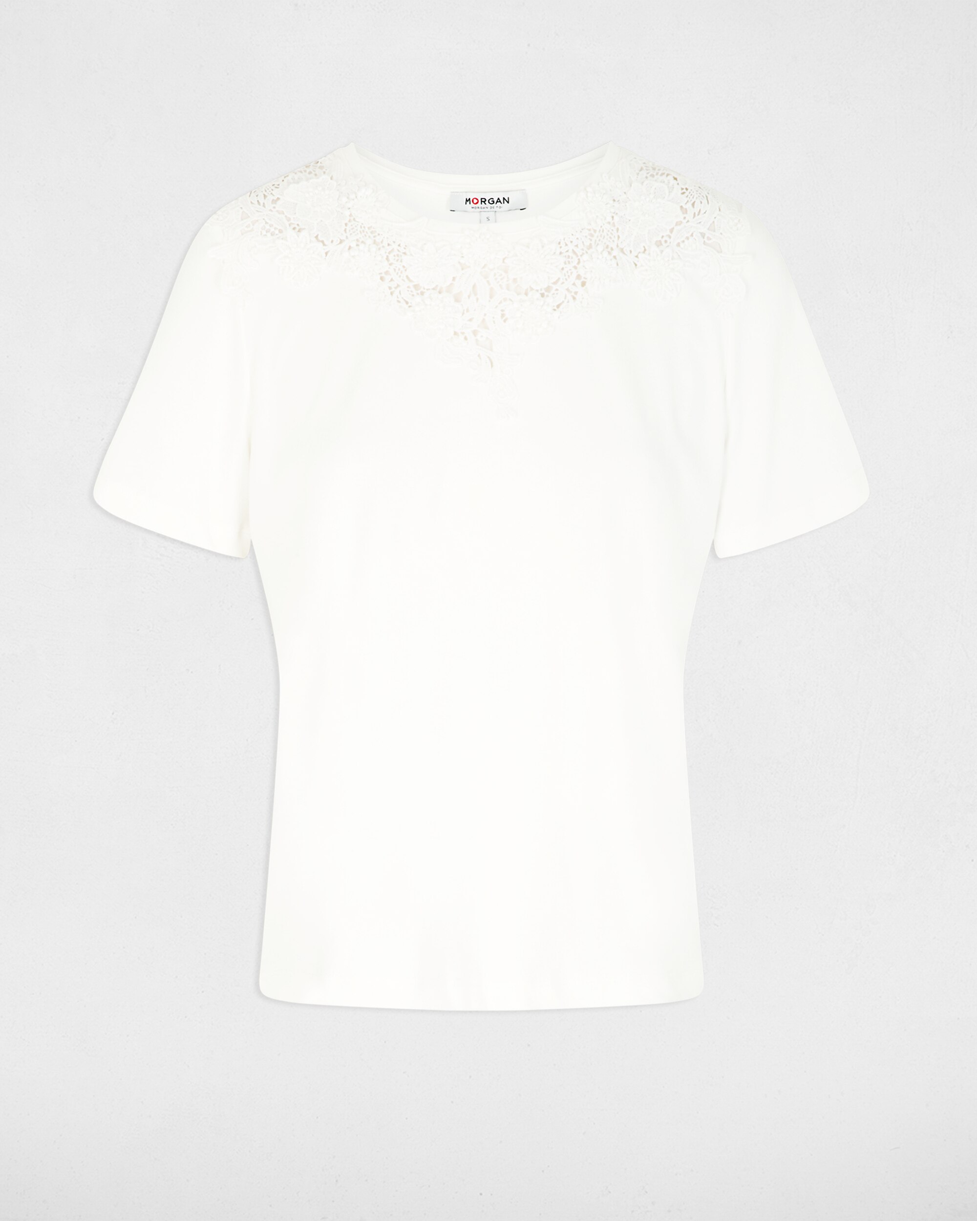 T-shirt de Renda com Decote Redondo Branco-2