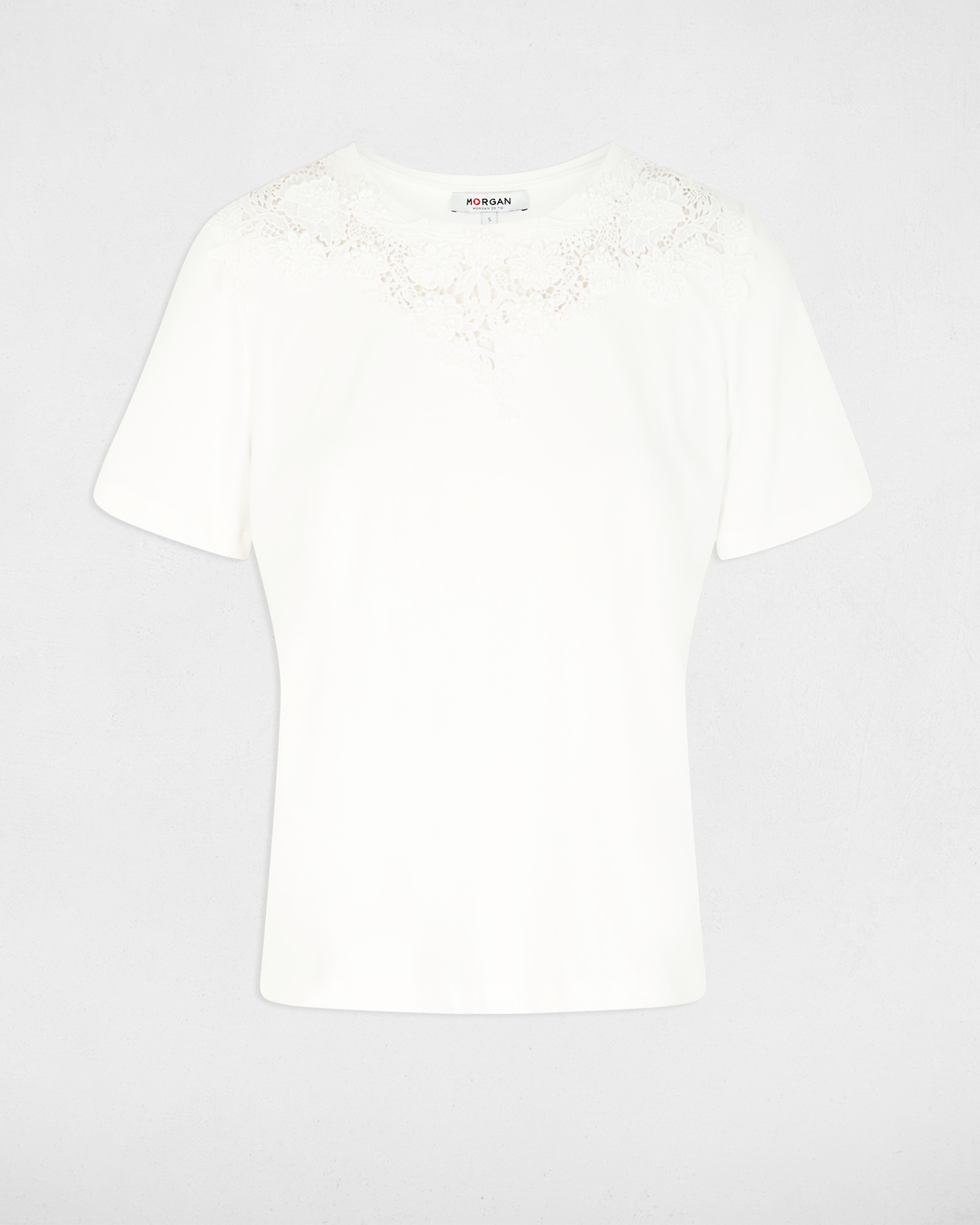 T-shirt de Renda com Decote Redondo Branco-2