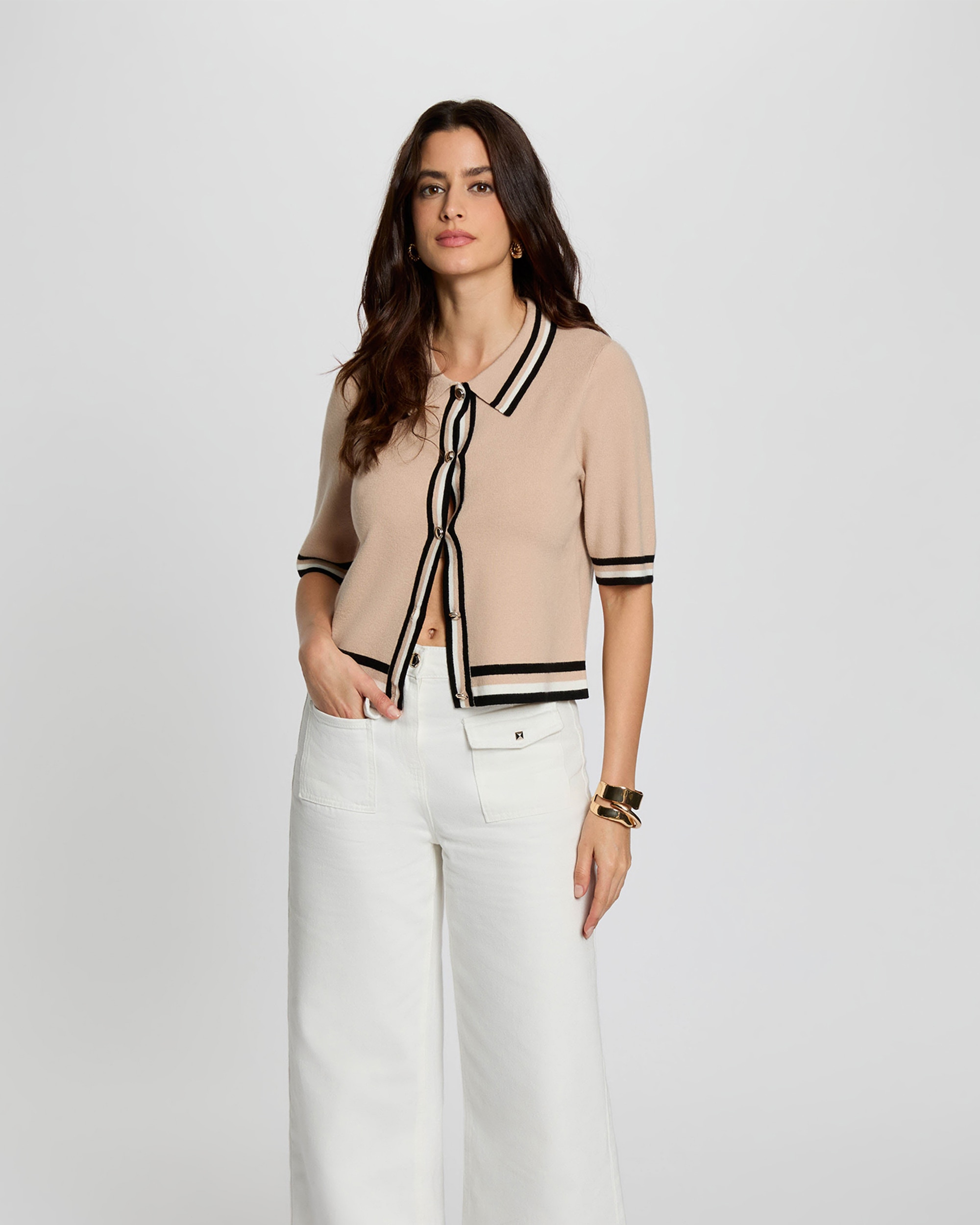 Imagem 0 de Cárdigan de Manga Curta com Rebordos em Contraste