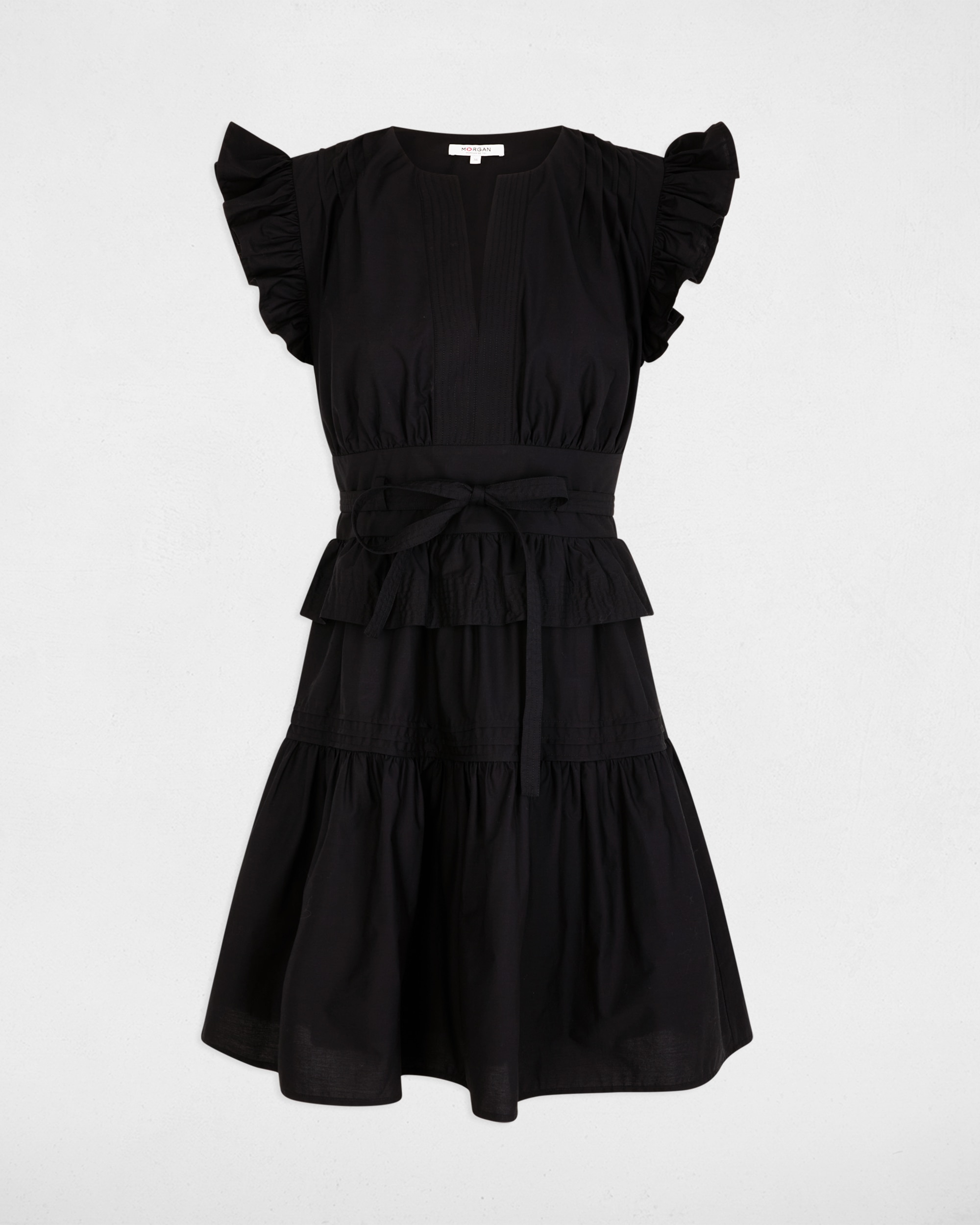Vestido Curto com Decote em V e Manga com Folhos Preto-2
