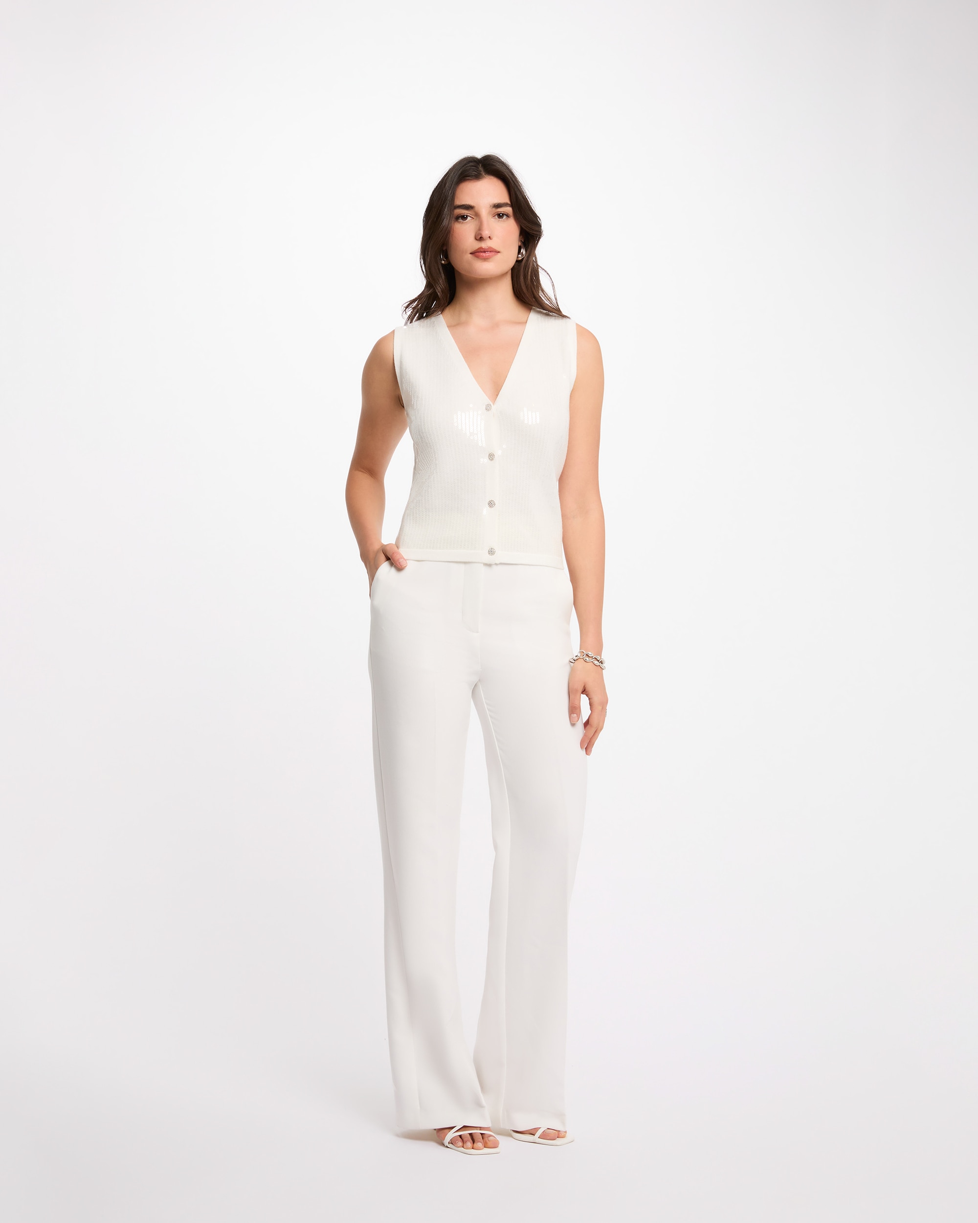 Cardigan sem Mangas com Decote em V Branco-4