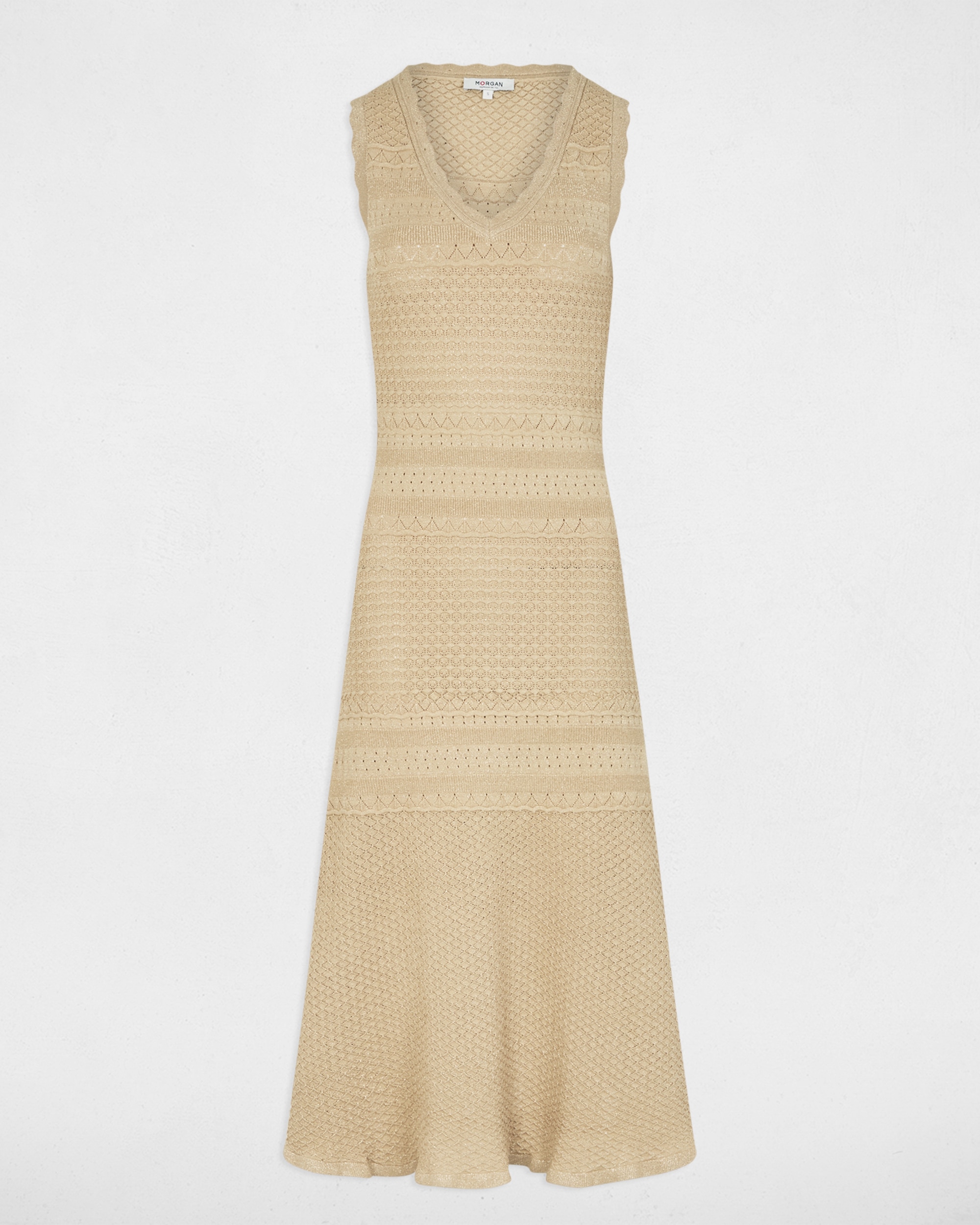 Vestido Comprido de Malha com Decote em V Bege-2