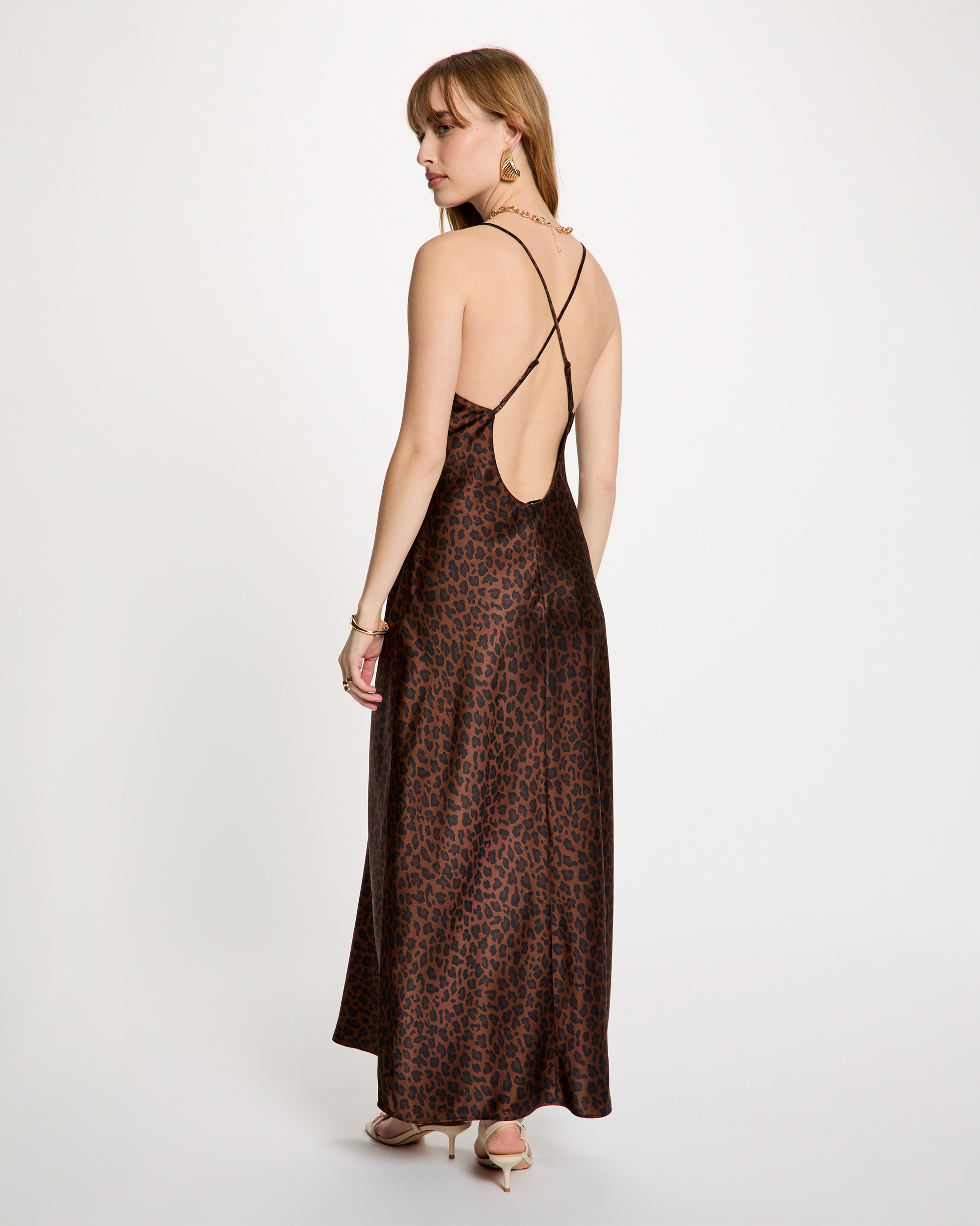 Vestido Comprido Acetinado com Estampado Animalier Multicolor-3