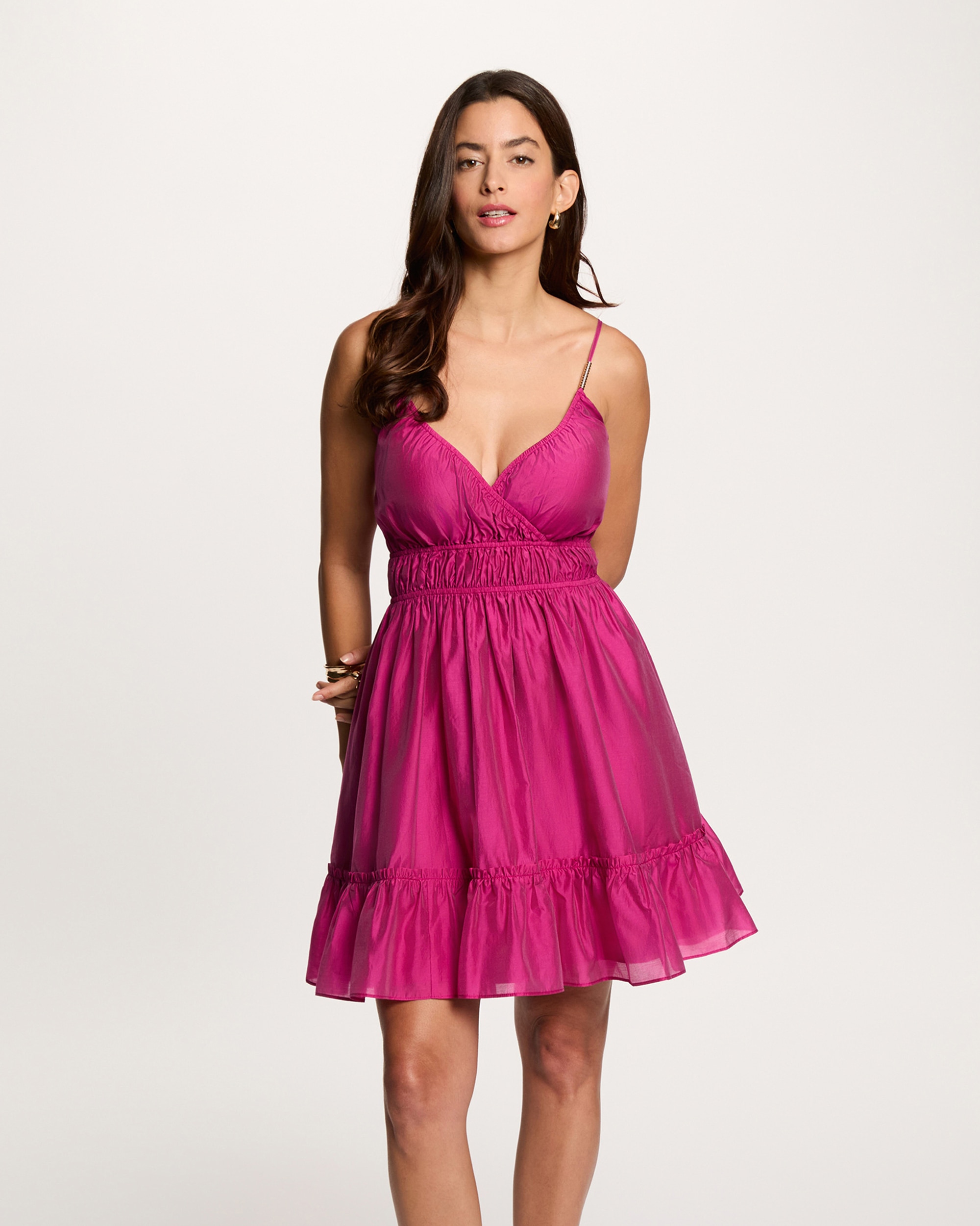 Vestido Curto com Costas Abertas e Cintura Franzida Fúcsia-1