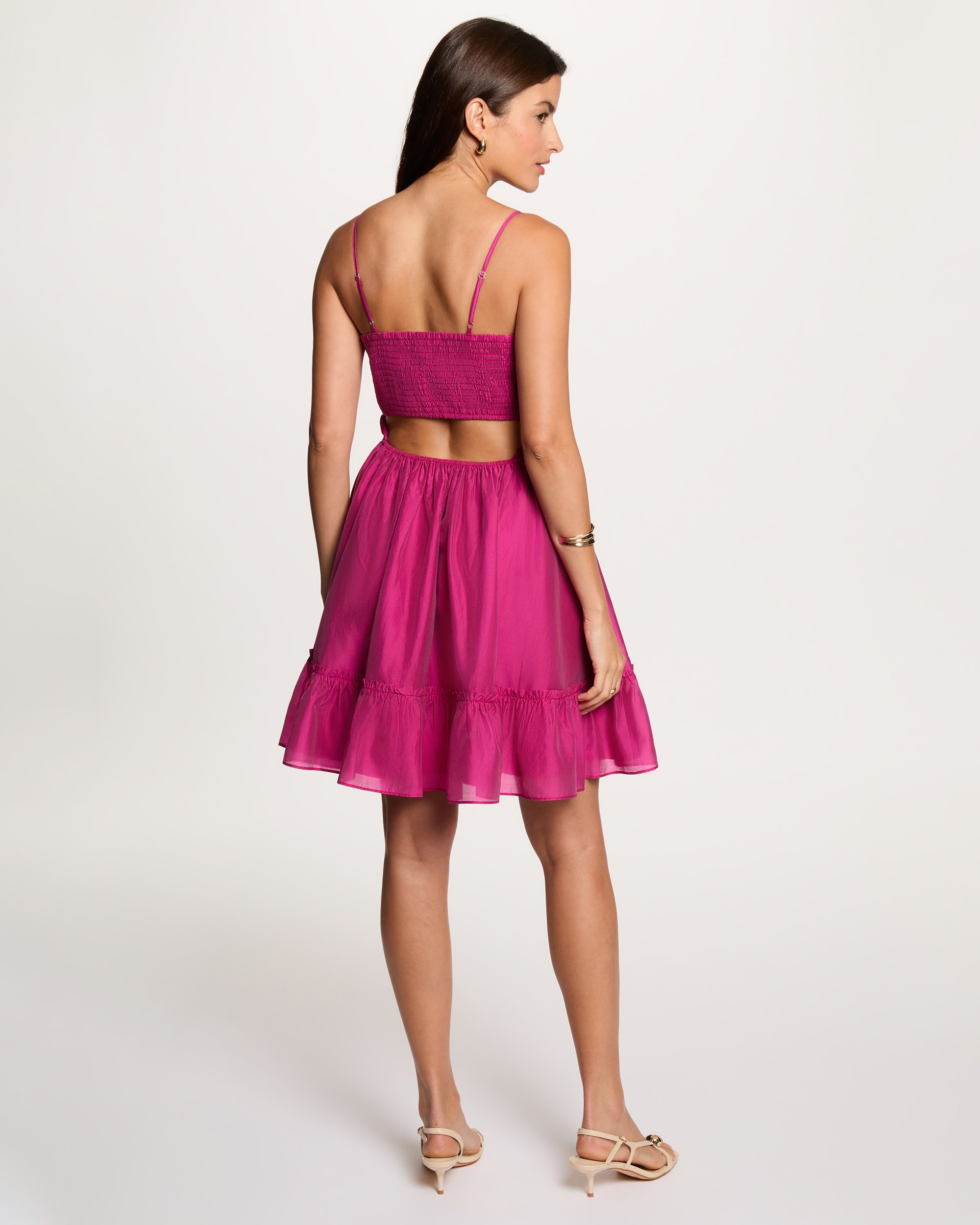 Vestido Curto com Costas Abertas e Cintura Franzida Fúcsia-3