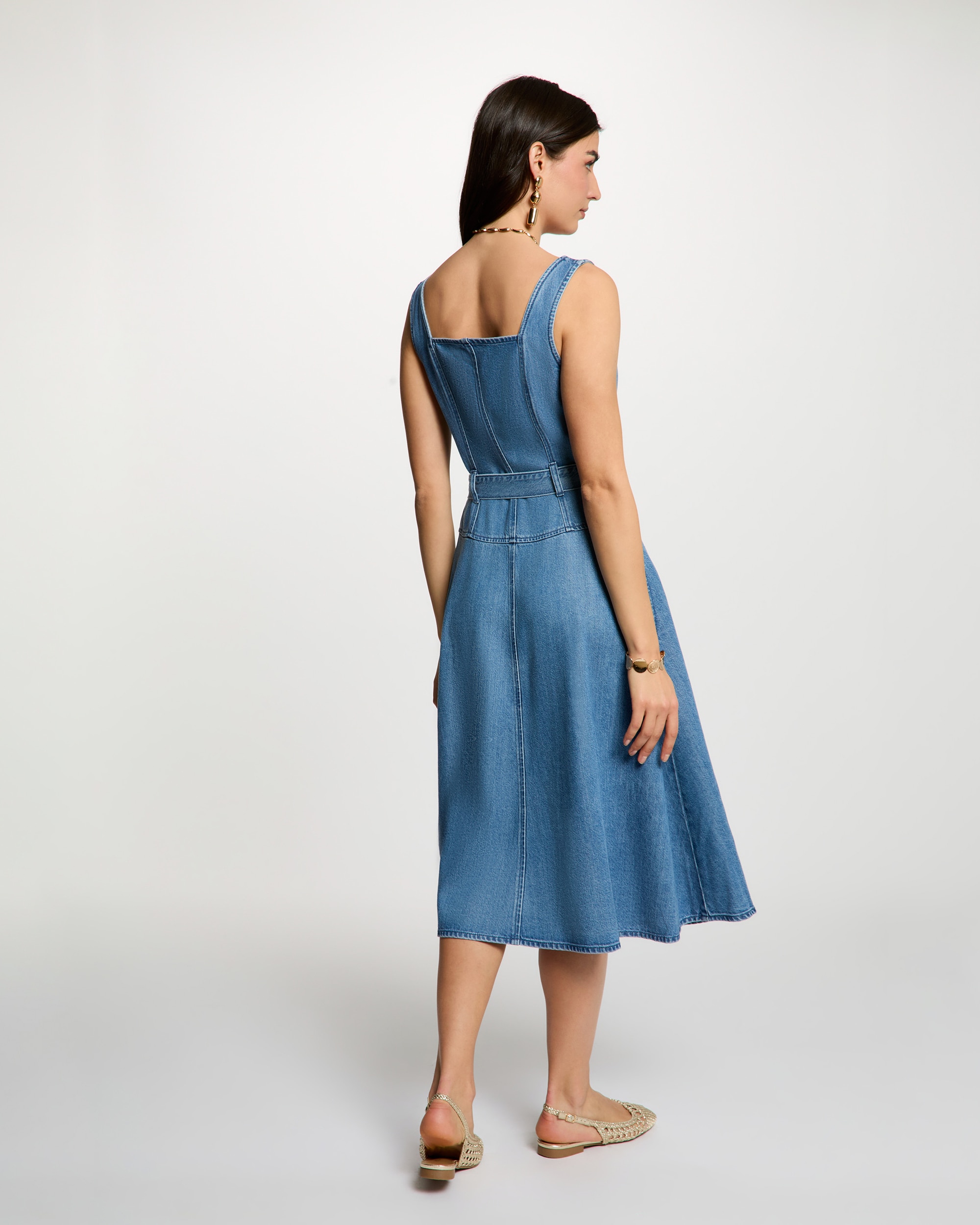 Vestido Midi em Denim com Decote À Barco Azul denim-3